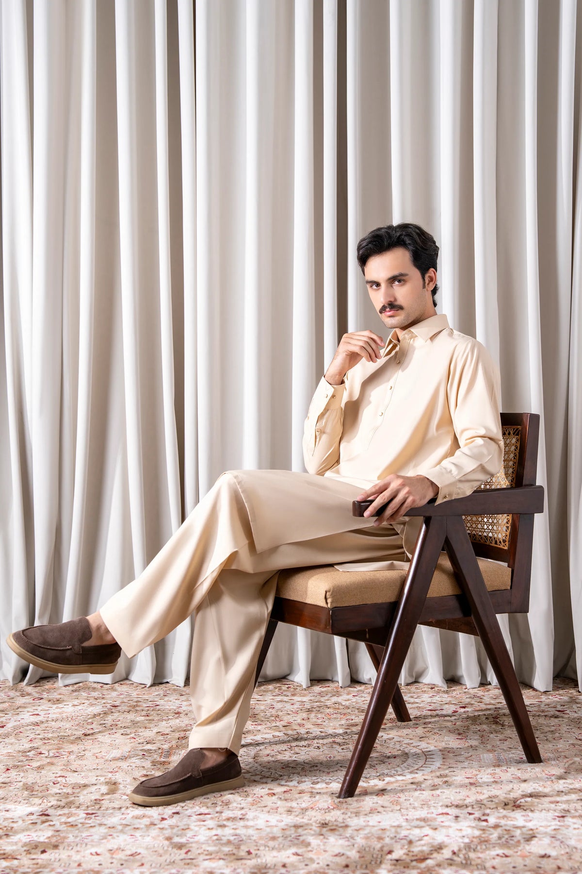 Beige textured kameez and shalwar set, long tunic with matching loose trousers