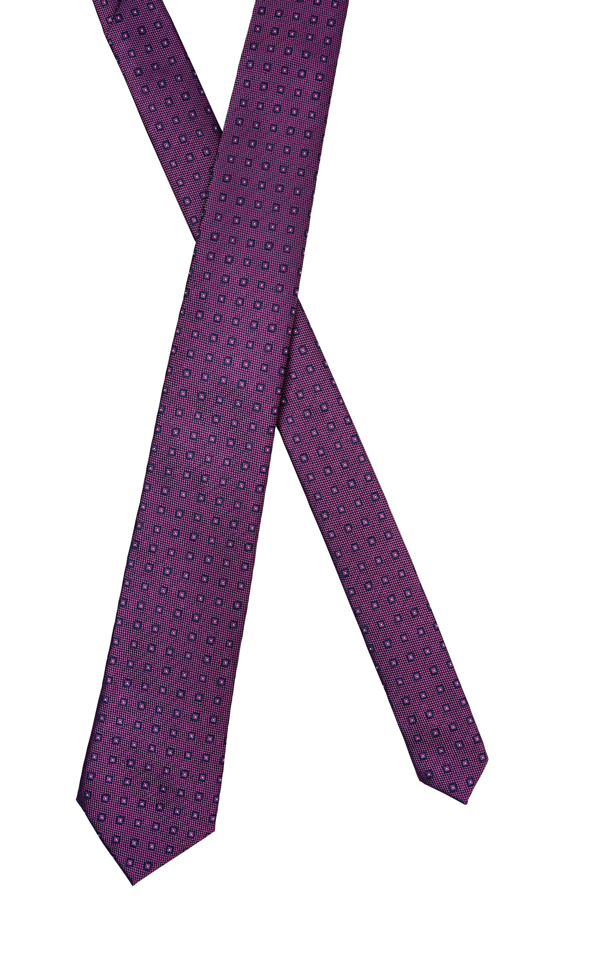Purple poly silk tie with tiny dotted pattern, crossed hanging view