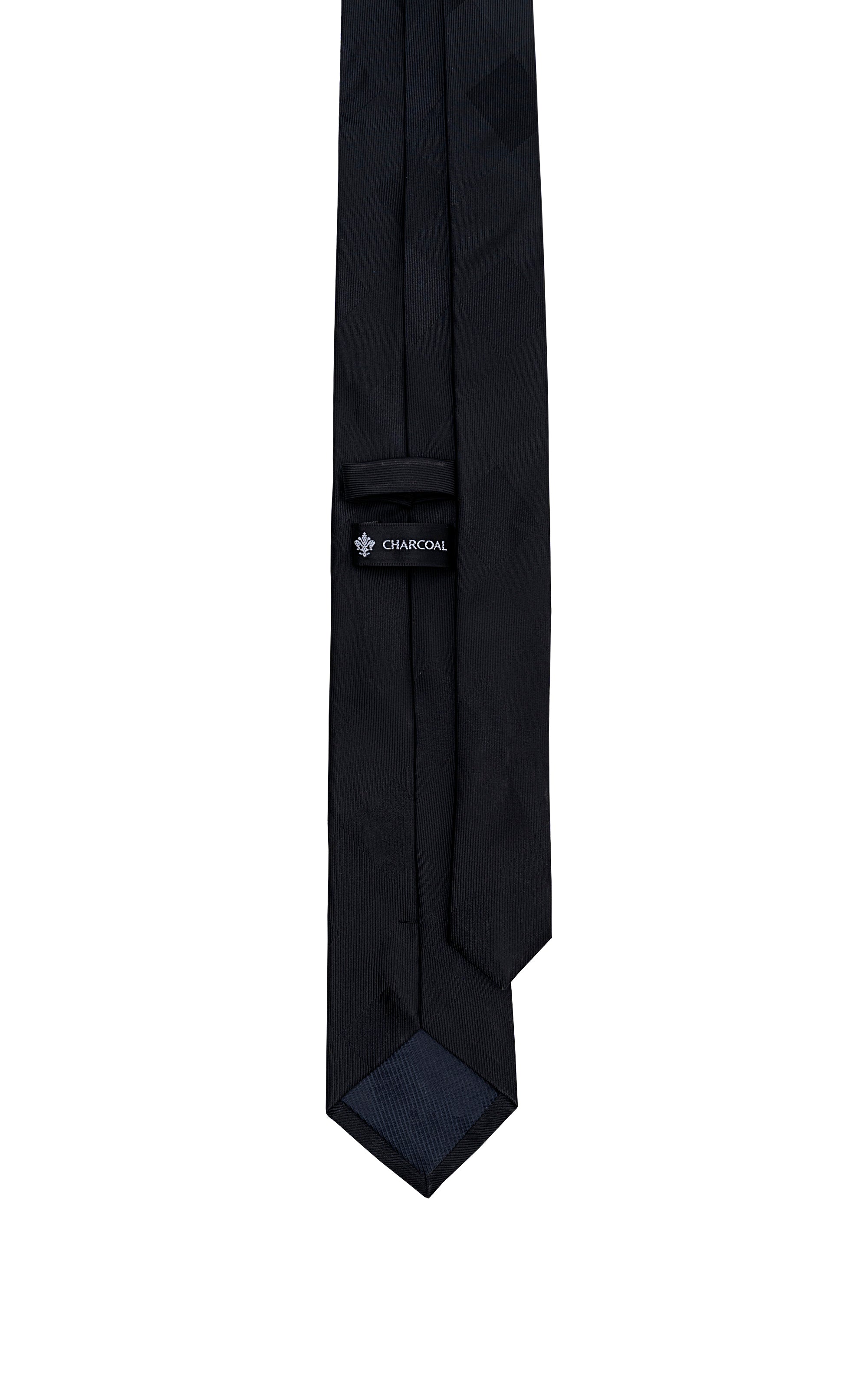 Poly silk tie, charcoal with printed tag near the fold