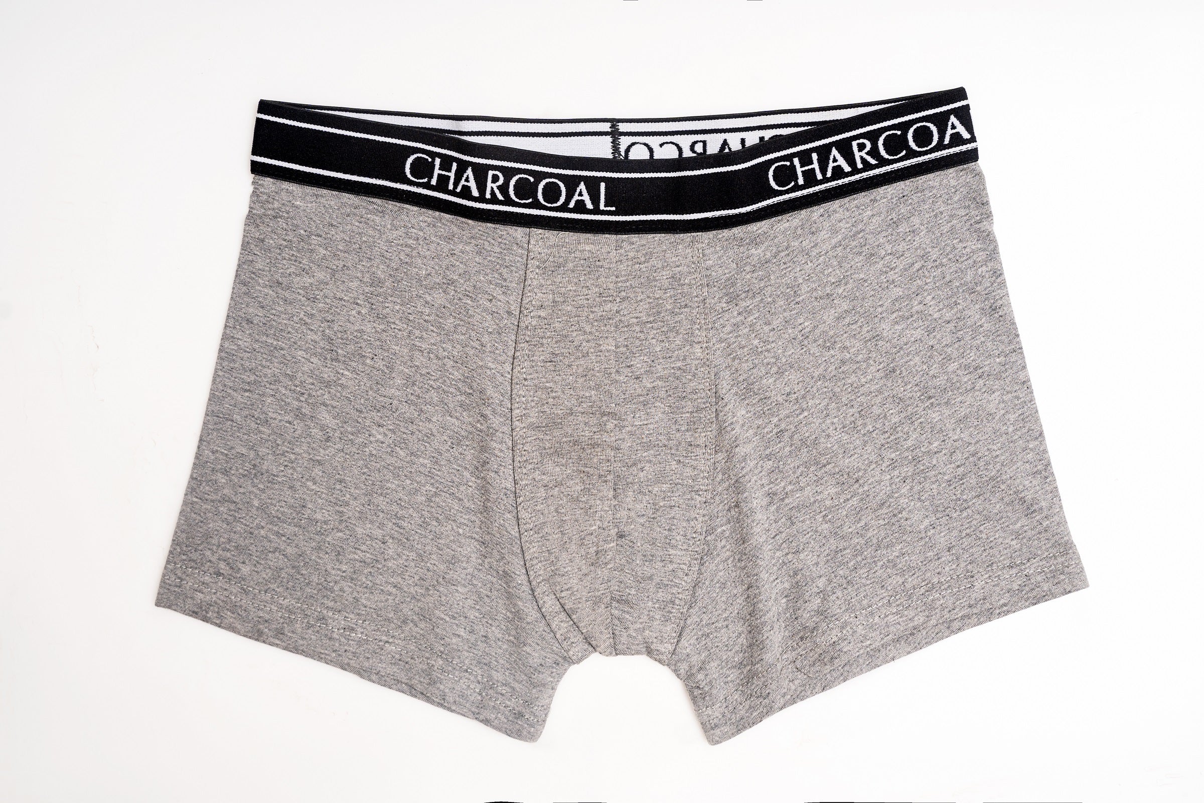 Heather grey boxer shorts with black logo waistband and front seam panel