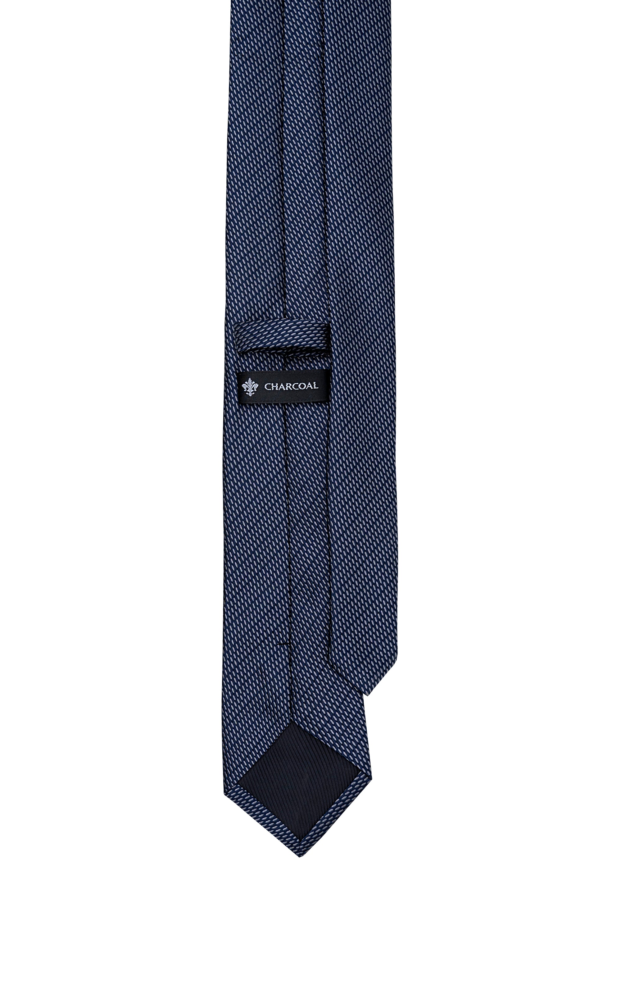 Navy micro-pattern necktie with CHARCOAL label at keeper