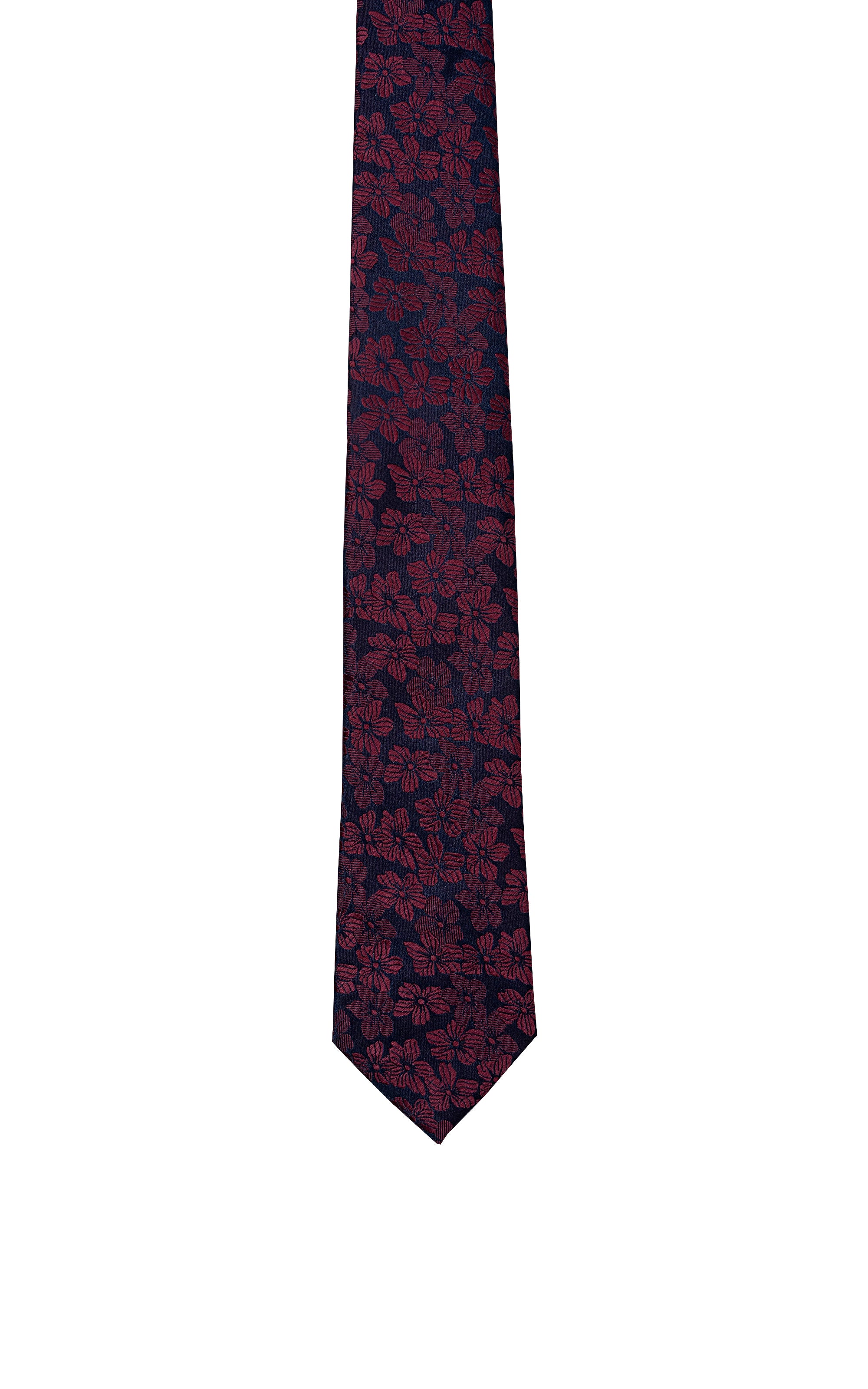 Poly silk necktie with dark navy and burgundy allover floral print