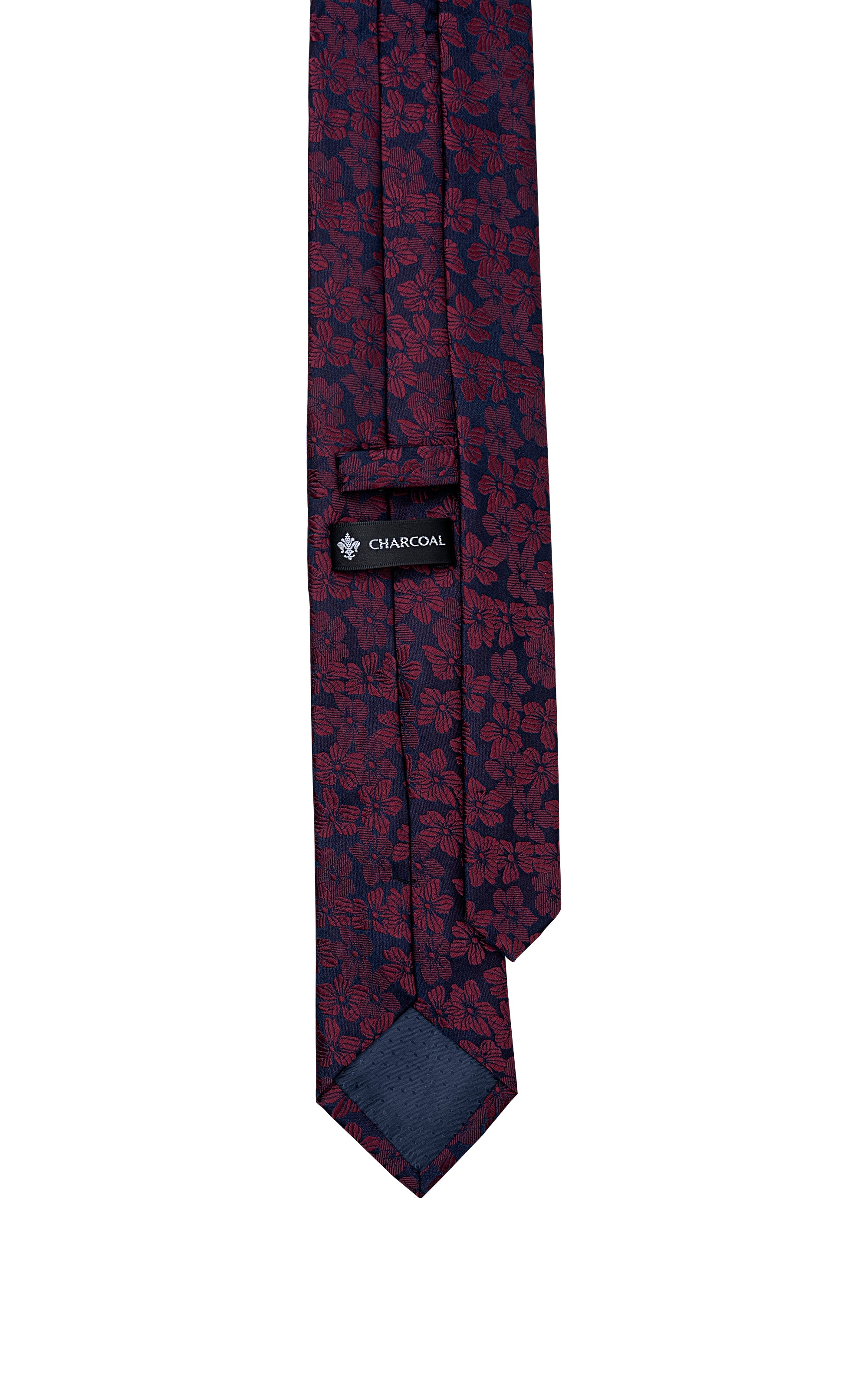 Poly-silk tie with burgundy floral print and label at the tip