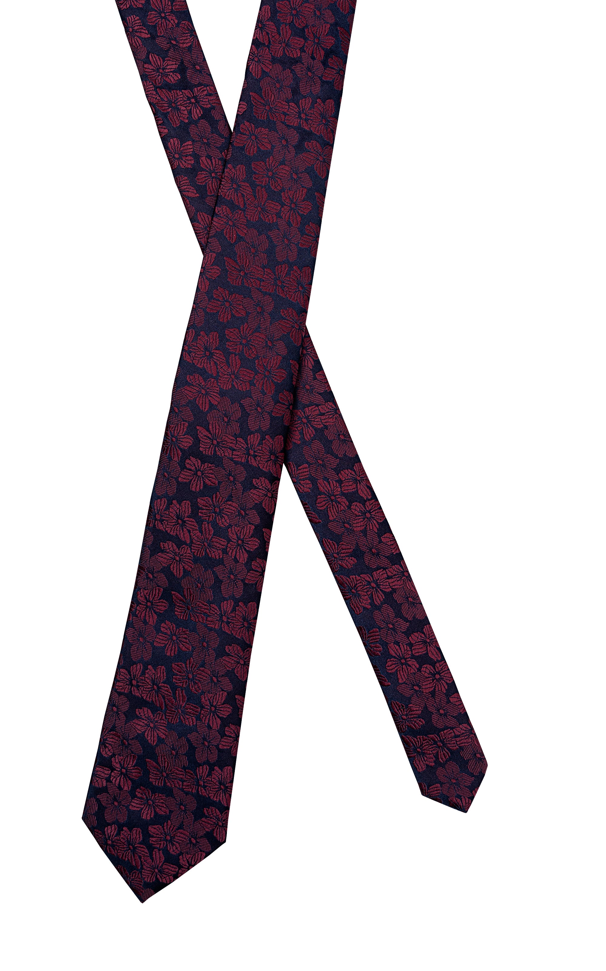 Poly-silk tie with dark navy base and burgundy floral pattern