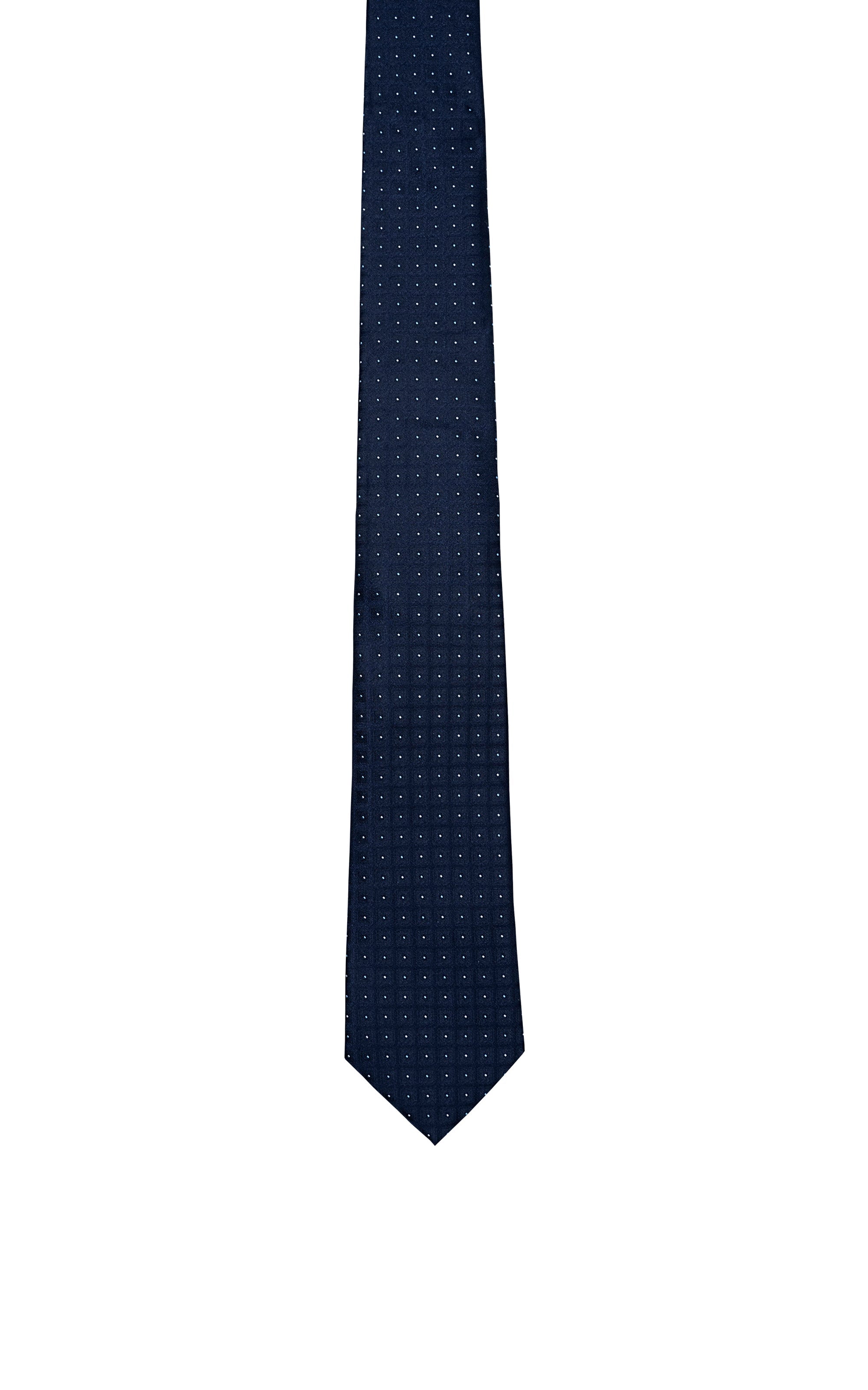 Dark navy micro-dot necktie with pointed tip, straight hanging view