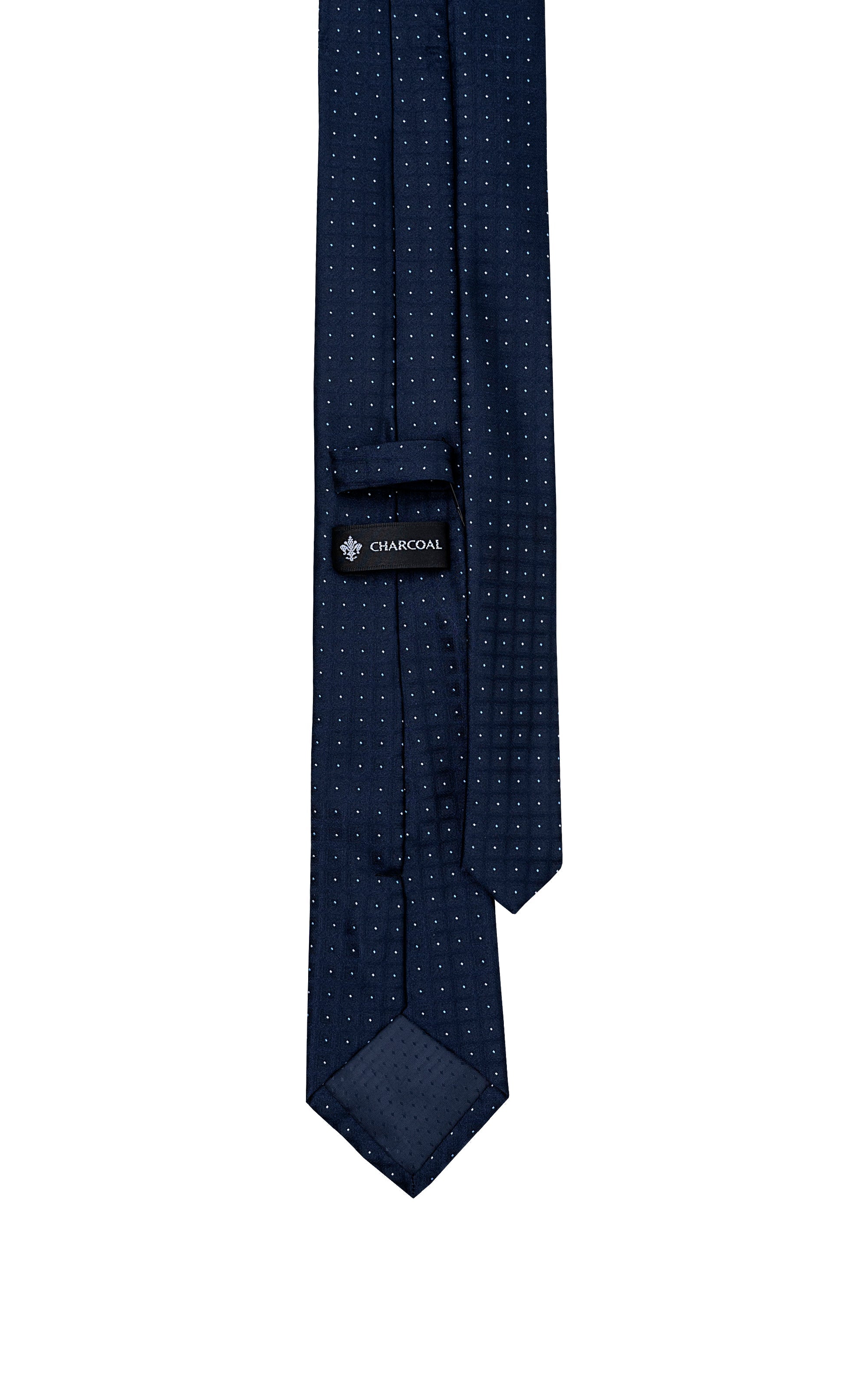 Dark navy micro-dot necktie with stitched label at the keeper