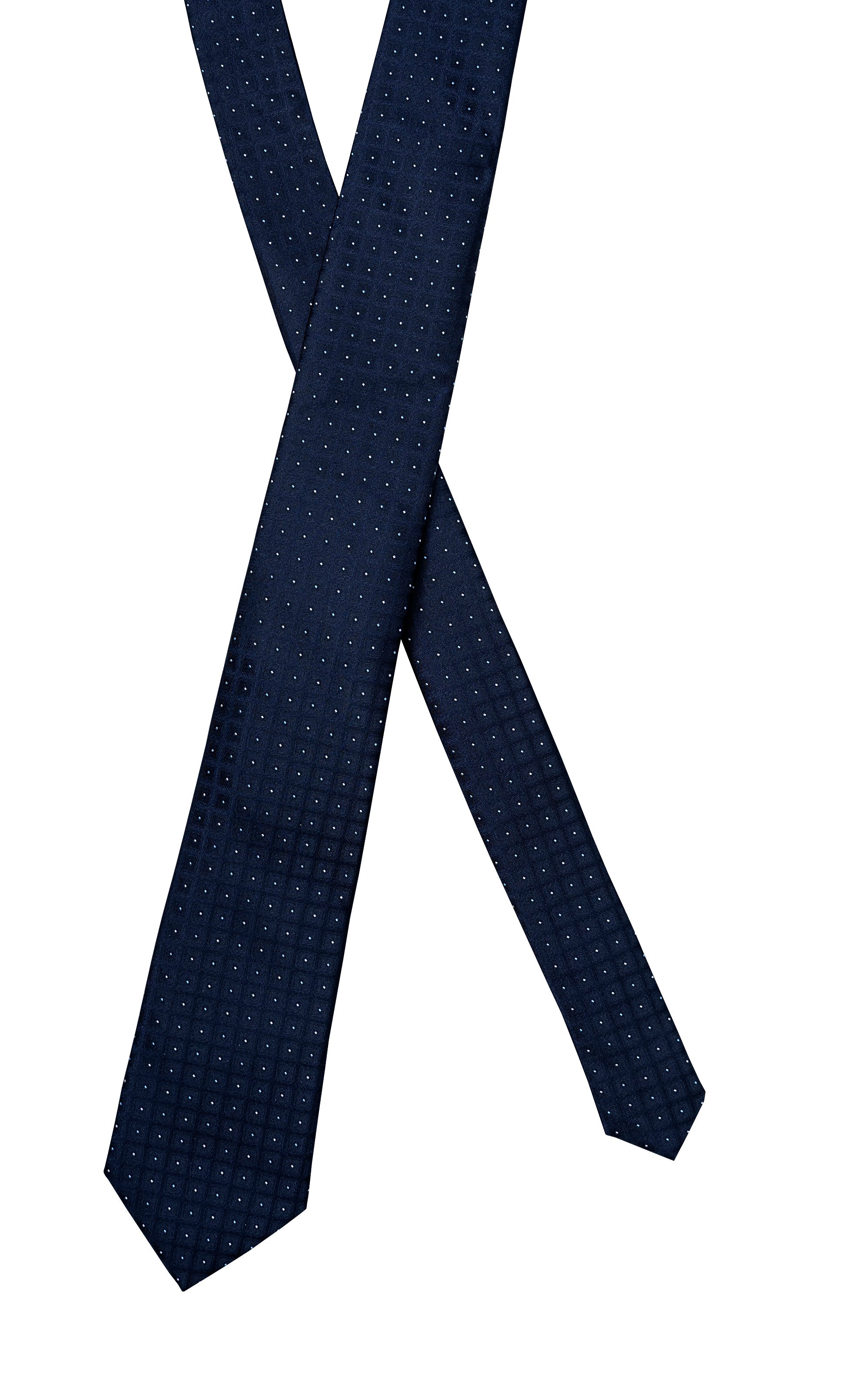 Dark navy micro-dot necktie crossed front view, pointed ends