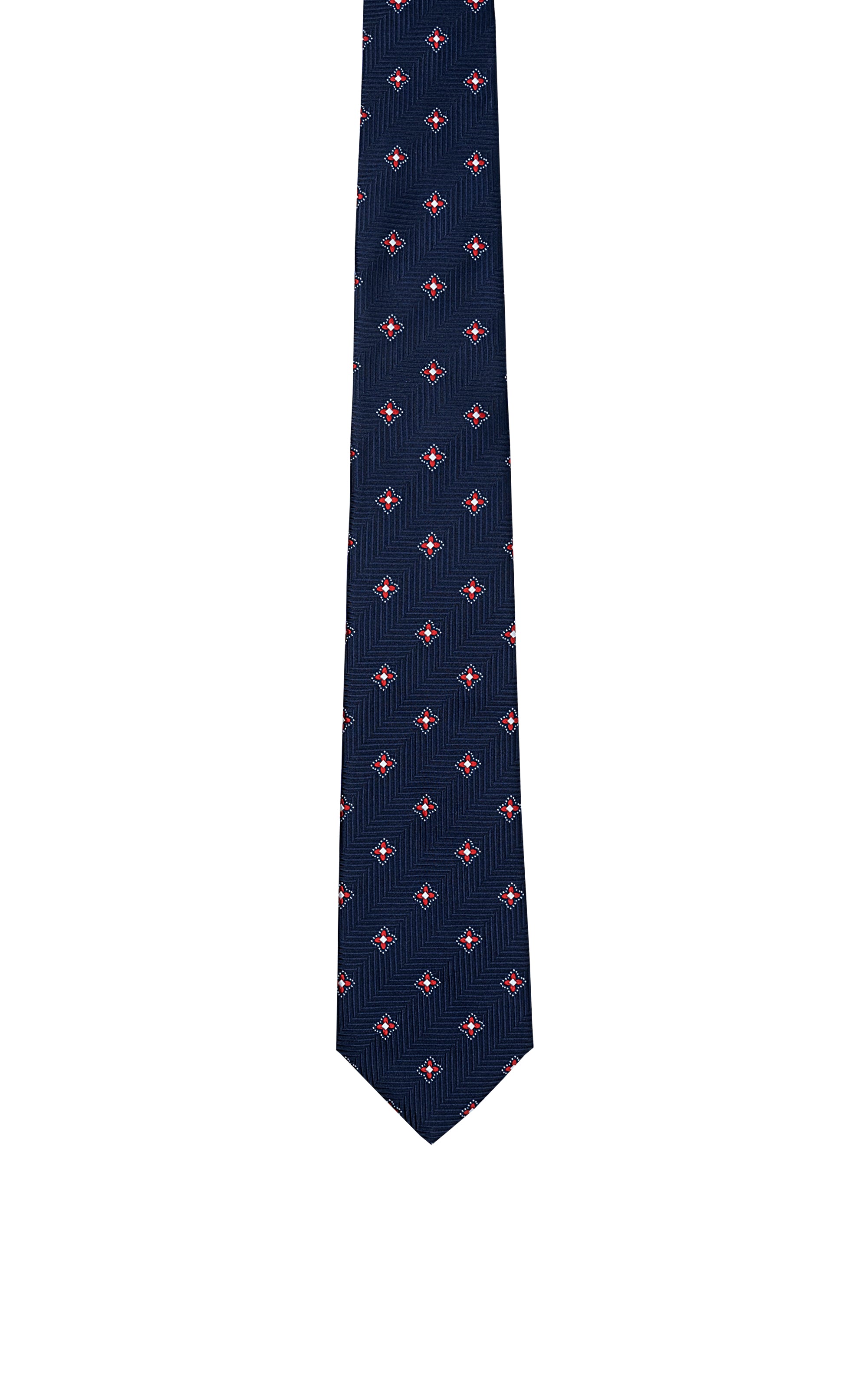 Navy poly-silk tie with red and white geometric dot-and-diamond pattern