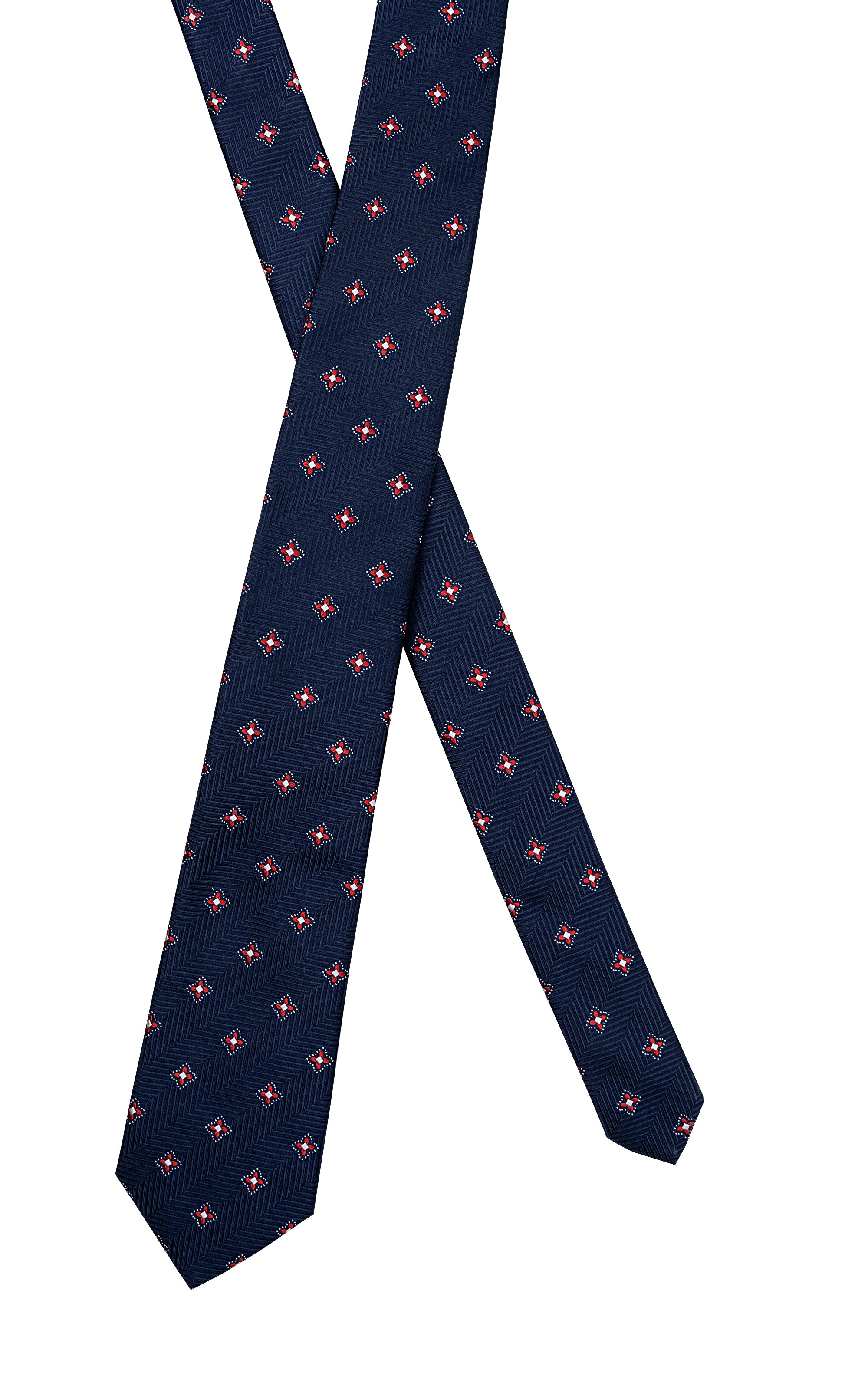 Navy poly-silk tie with repeating red and white geometric motifs