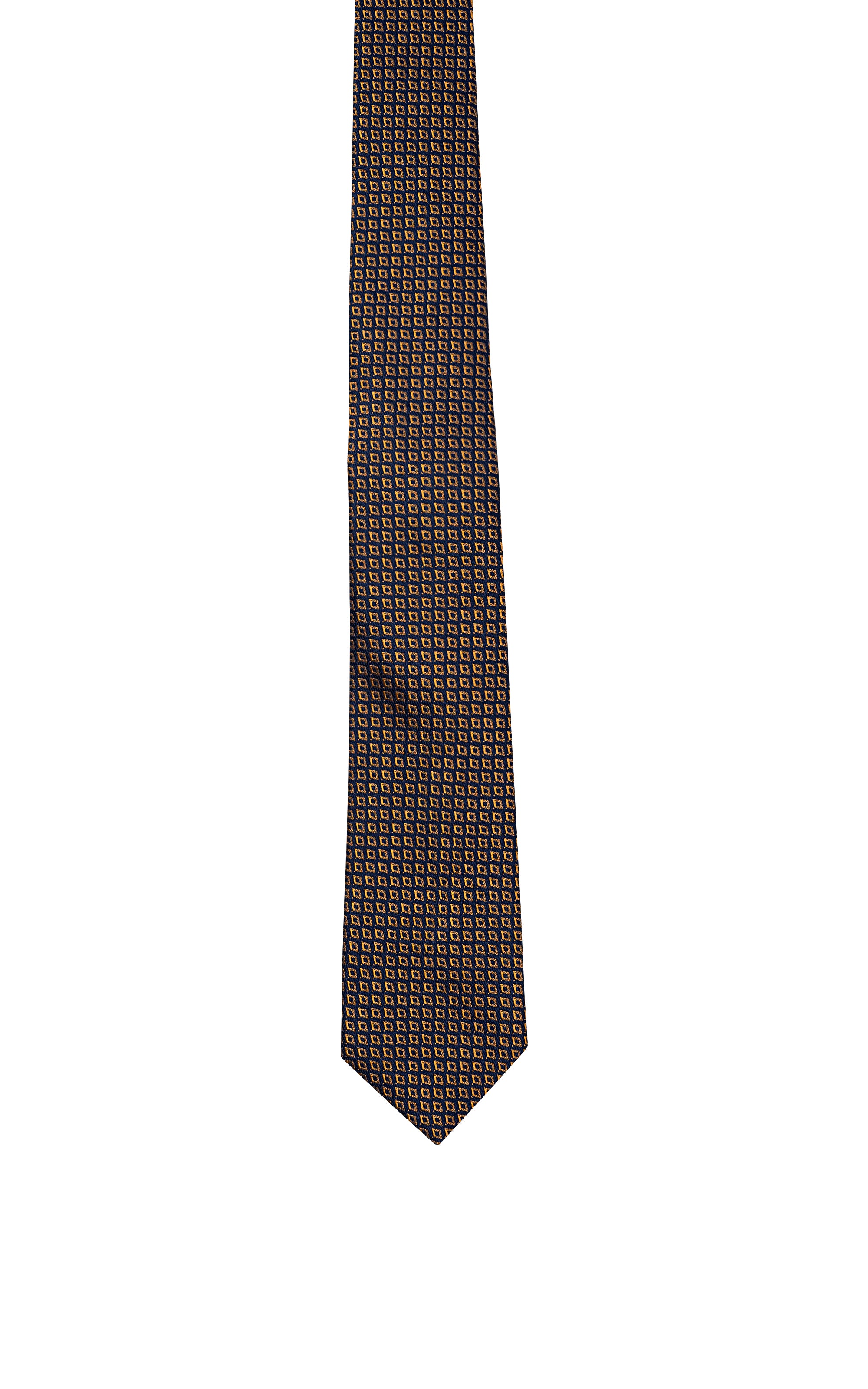 Poly silk tie, dark blue geometric micro-pattern, narrow tip visible