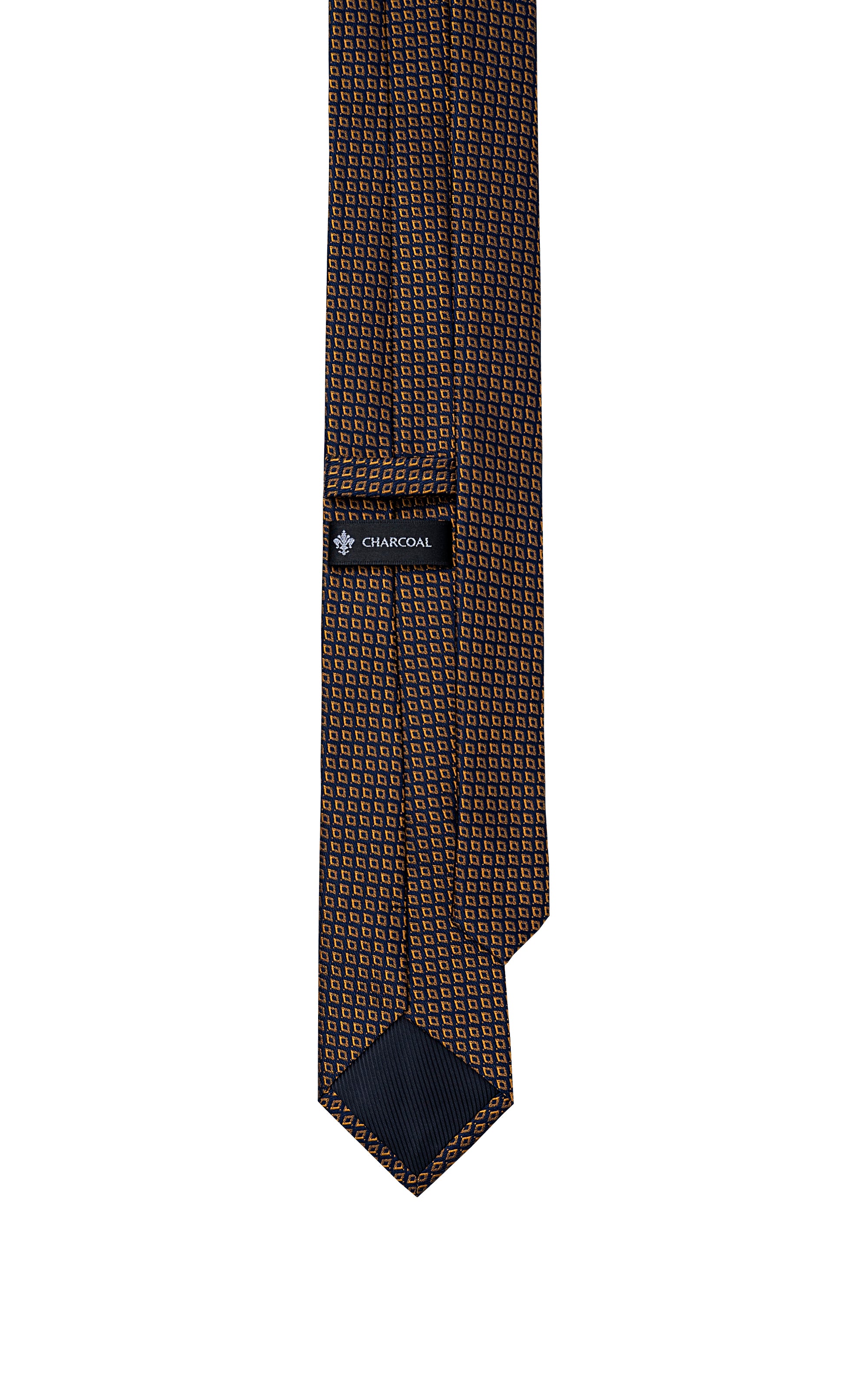 Poly silk tie, dark blue geometric pattern, narrow pointed tip