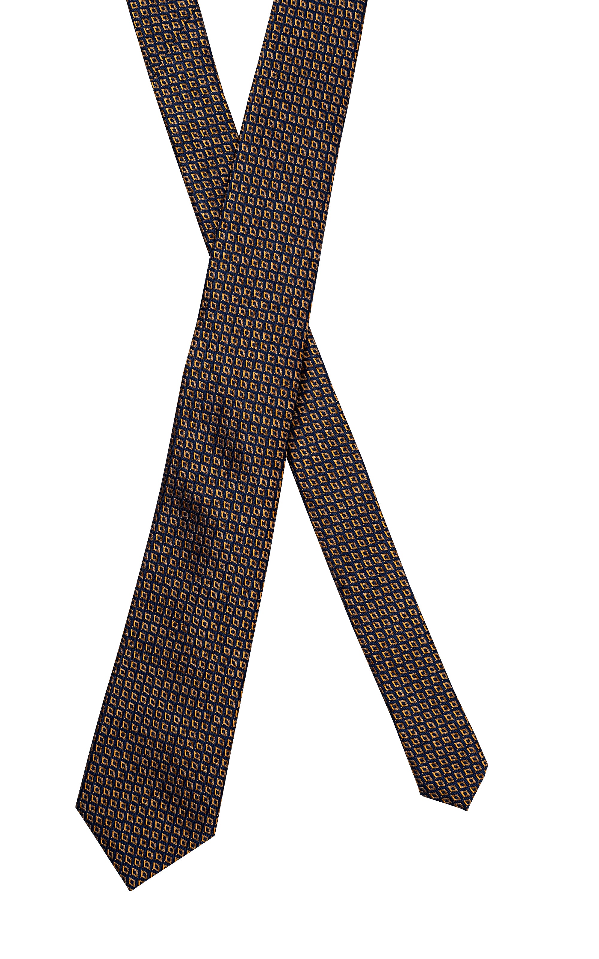 Poly silk tie with dark blue geometric micro-pattern, overlapping blades