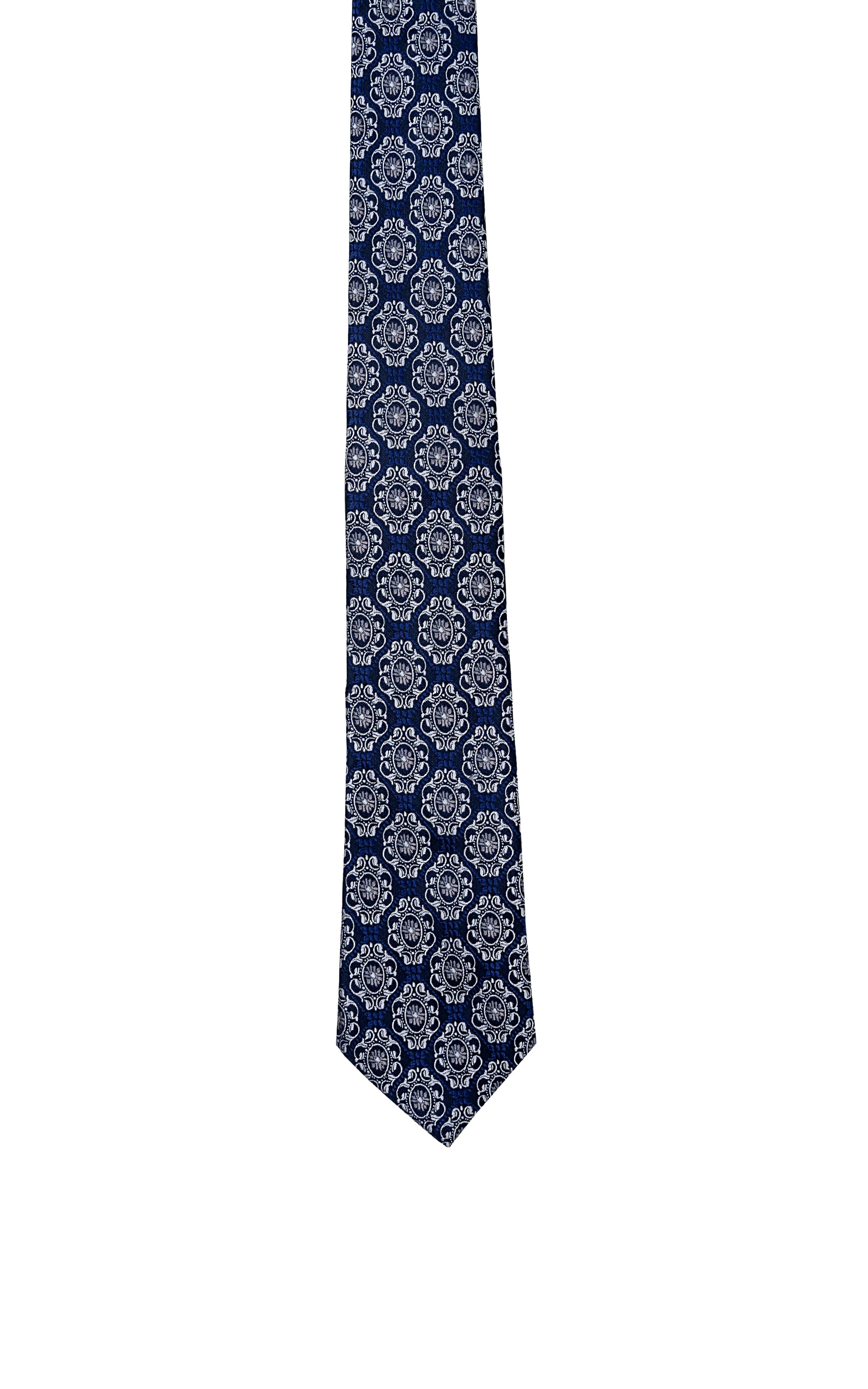 Navy blue patterned necktie with repeating medallion circles, pointed tip