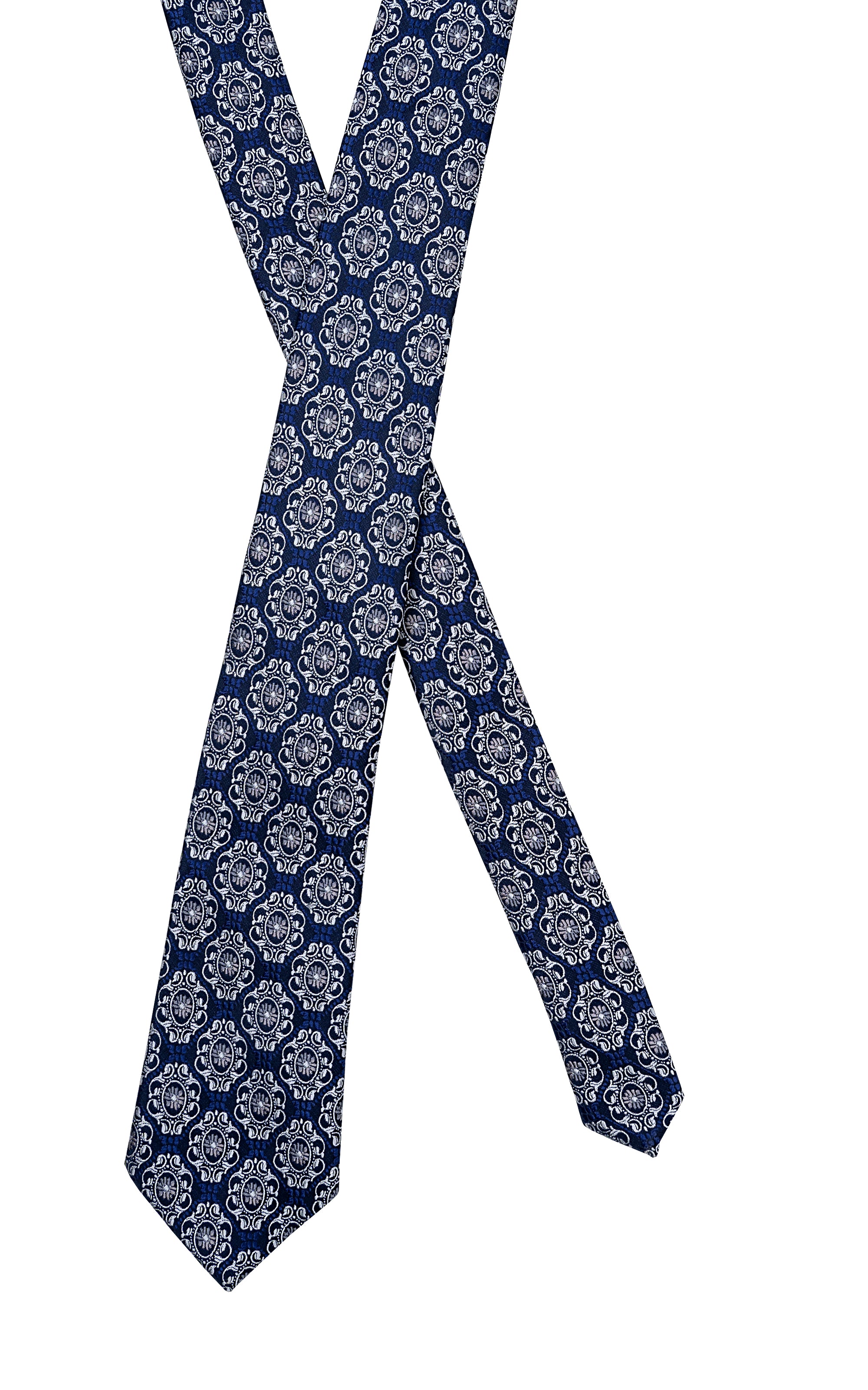 Navy blue patterned necktie with ornate medallion motifs, full length