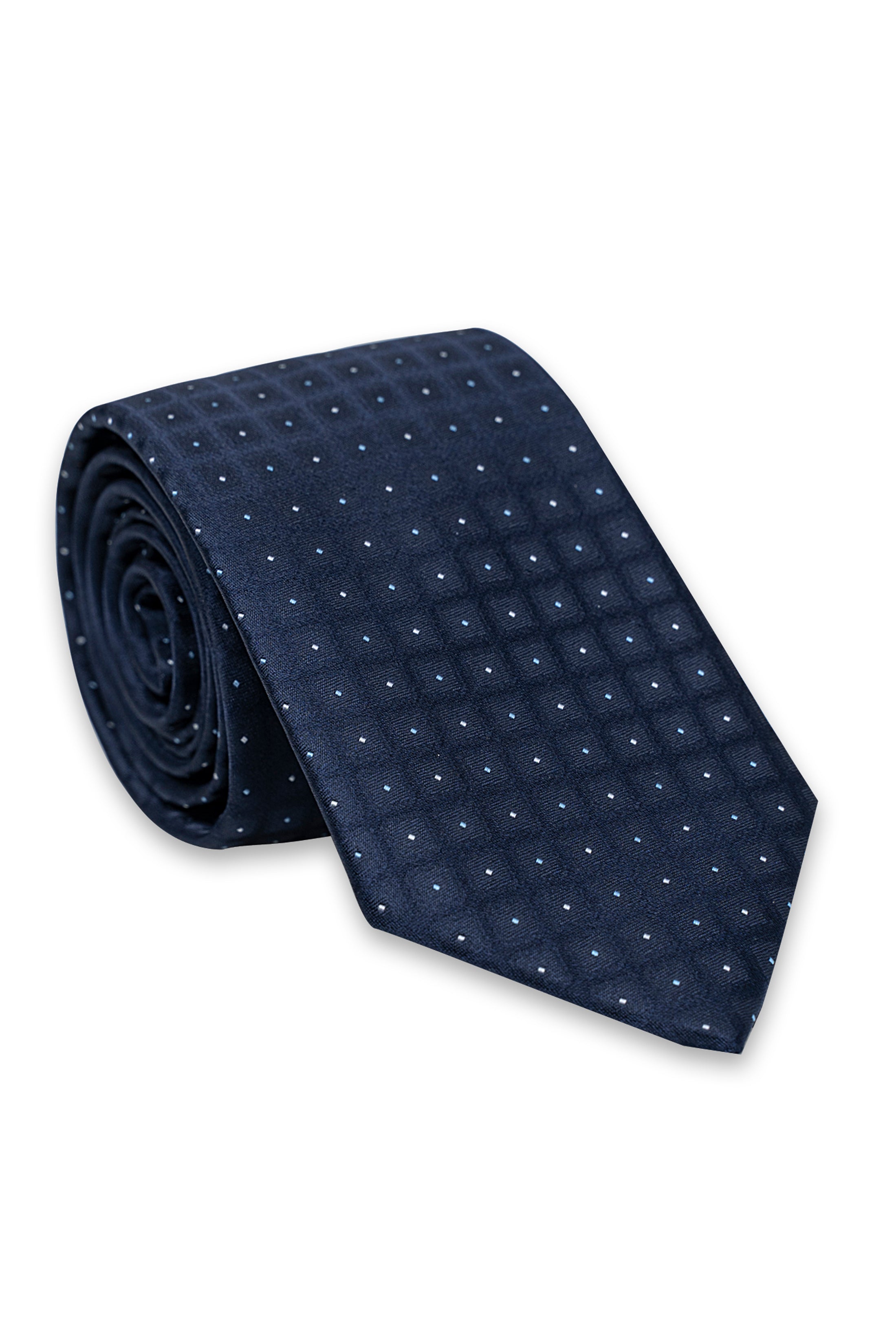 Dark navy micro-dot necktie, rolled fabric with pointed ends