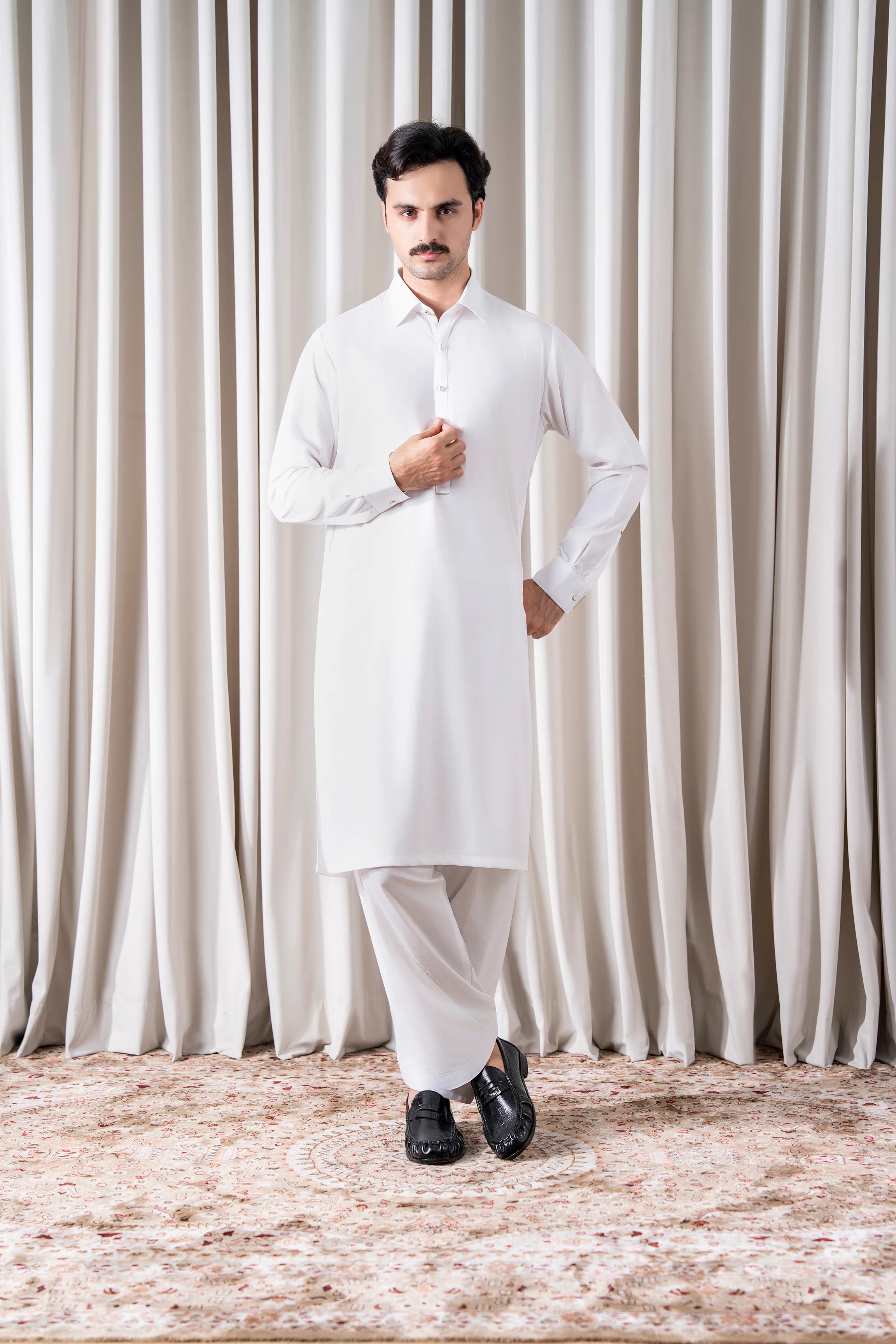 White twill blended kameez shalwar set with stand collar and button placket