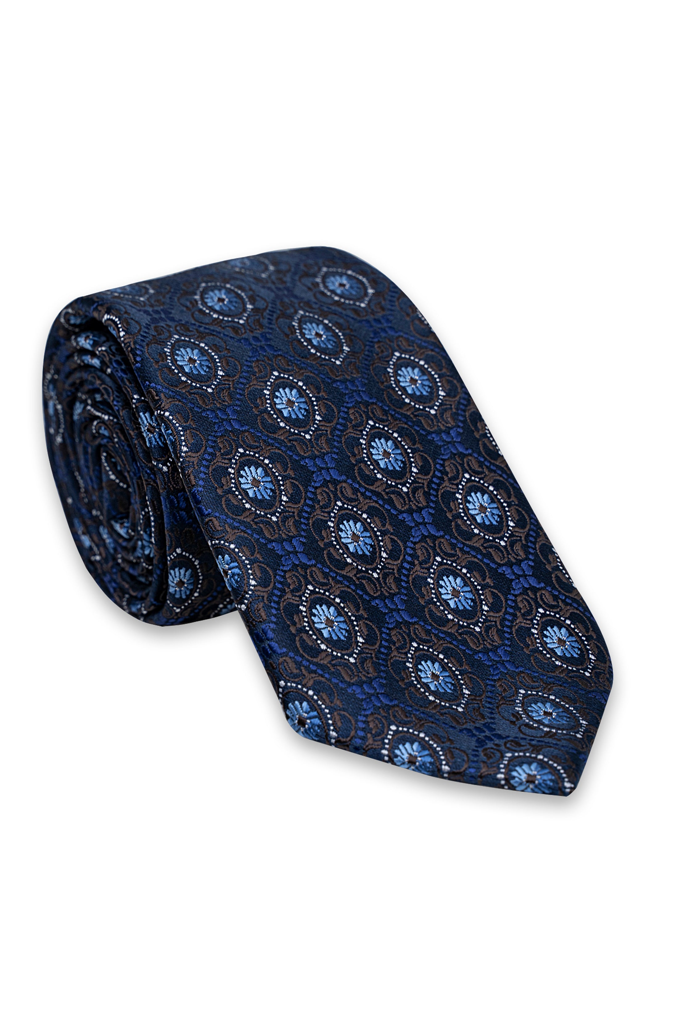 Navy blue necktie with ornate circular medallion pattern, rolled fabric