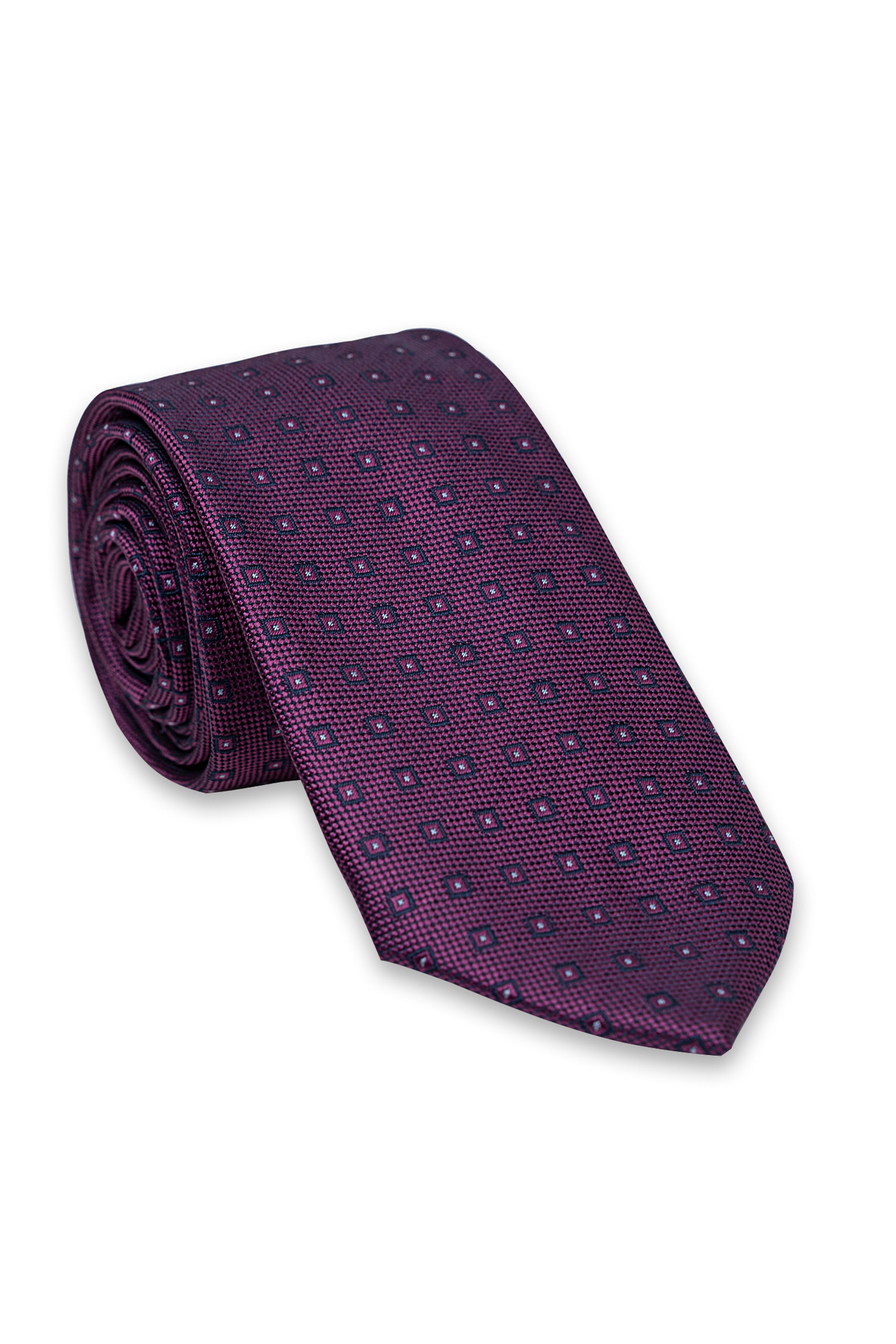 Purple poly silk tie with tiny dotted pattern, rolled on surface