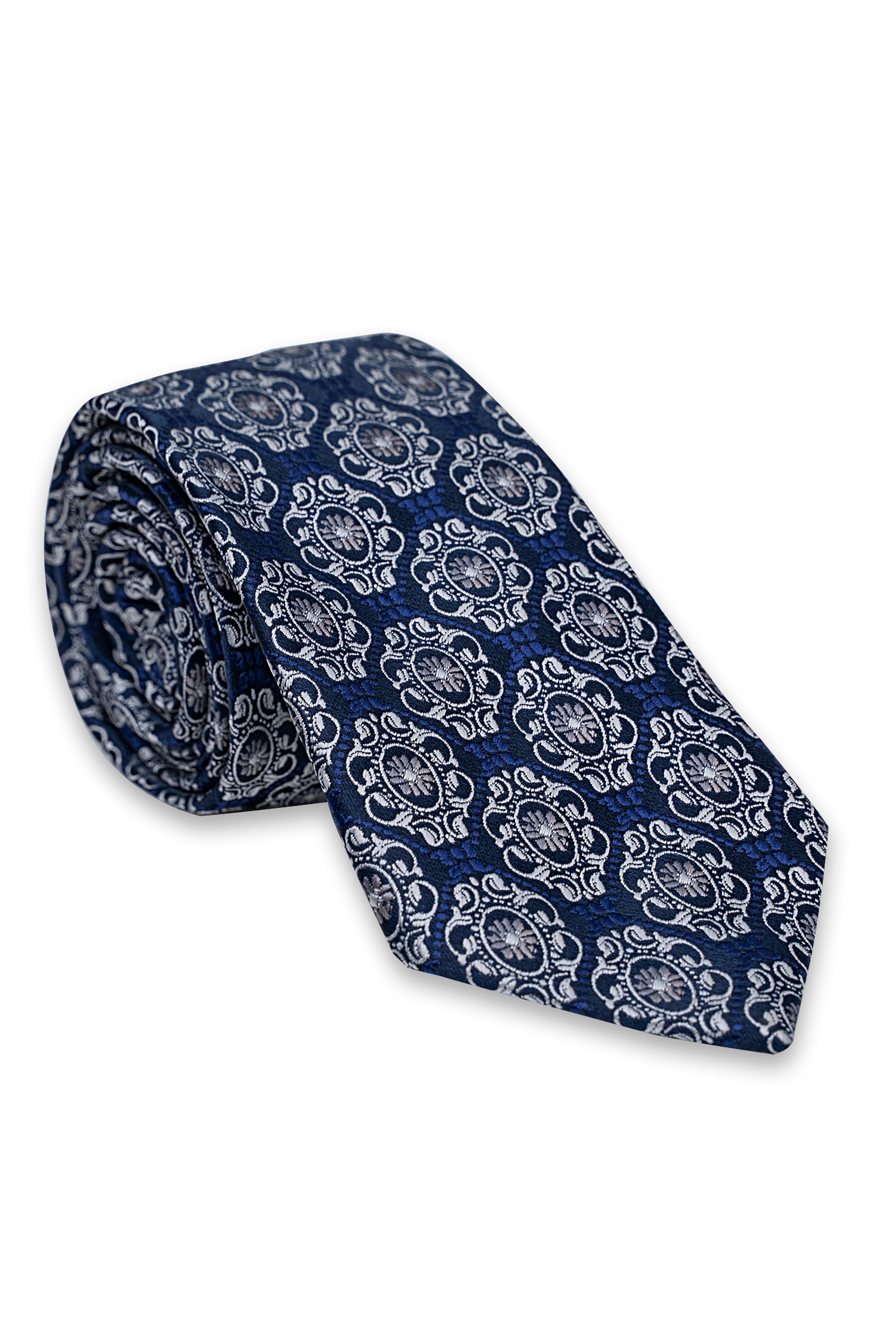 Navy blue patterned polyester tie with ornate medallion motifs and narrow end