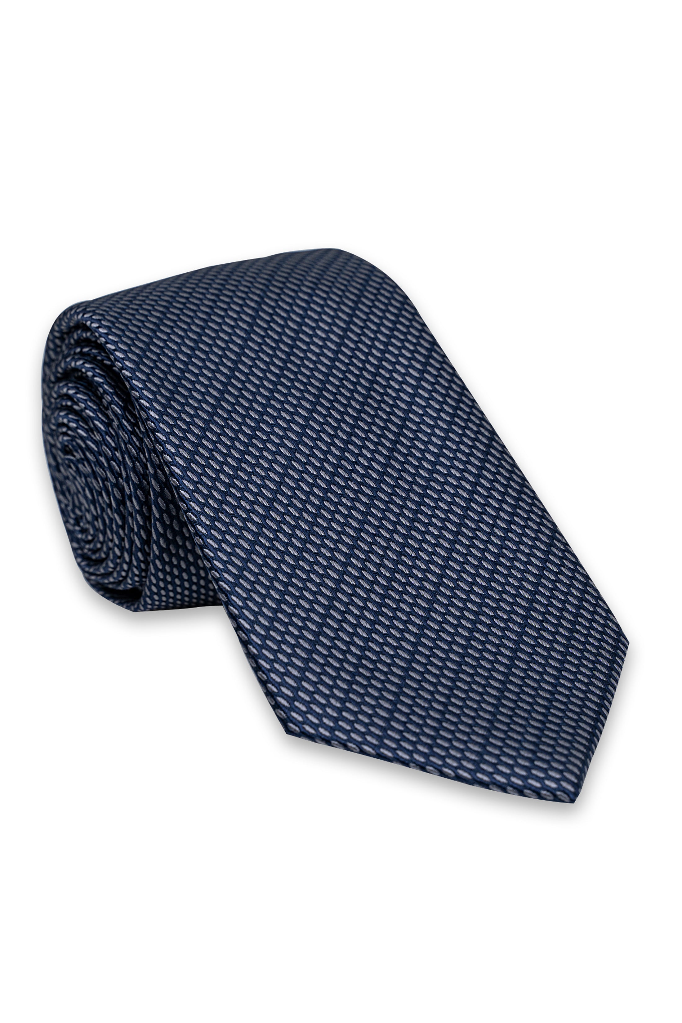 Navy micro-pattern necktie shown folded