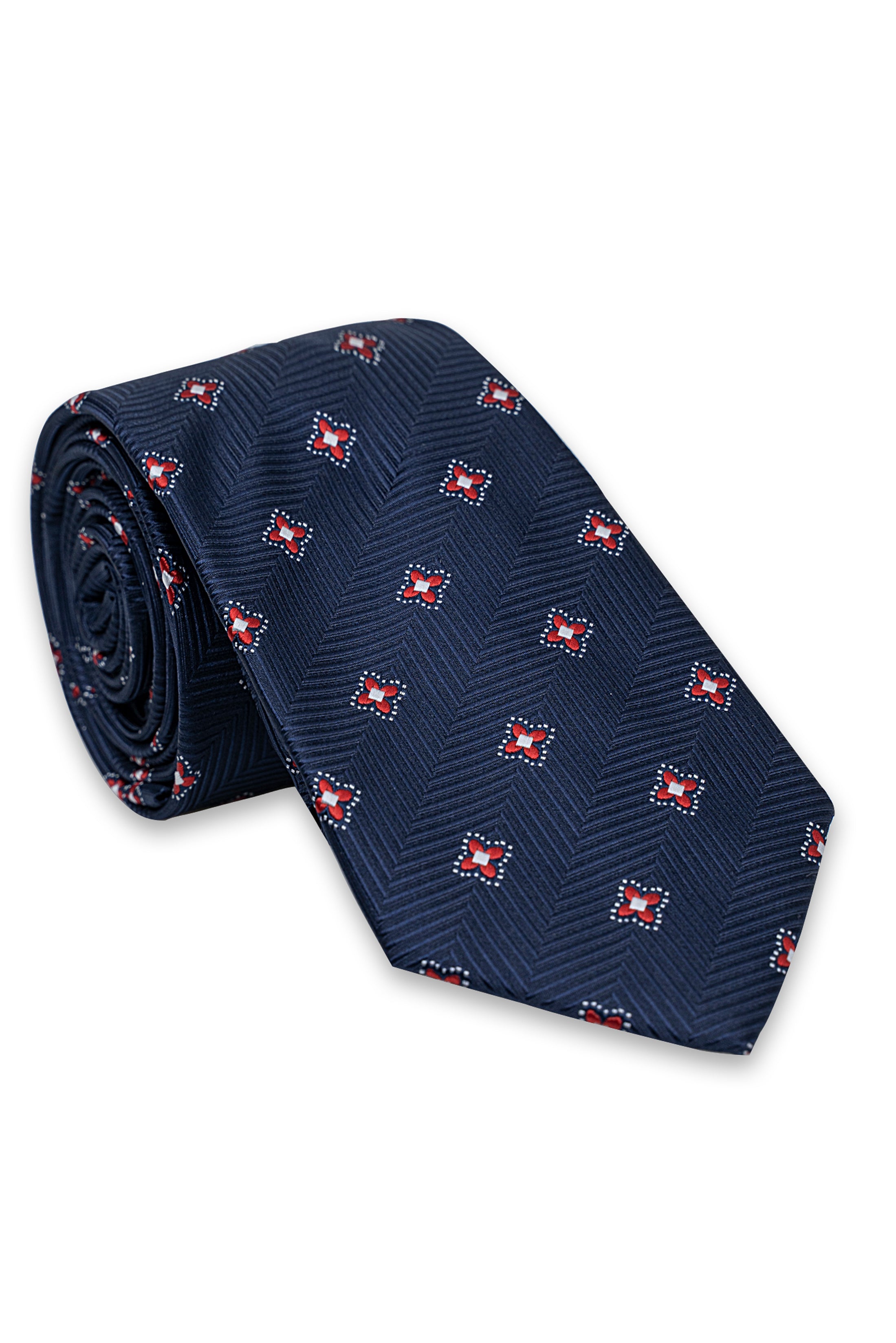 Navy poly-silk tie with small red-and-white geometric repeat pattern