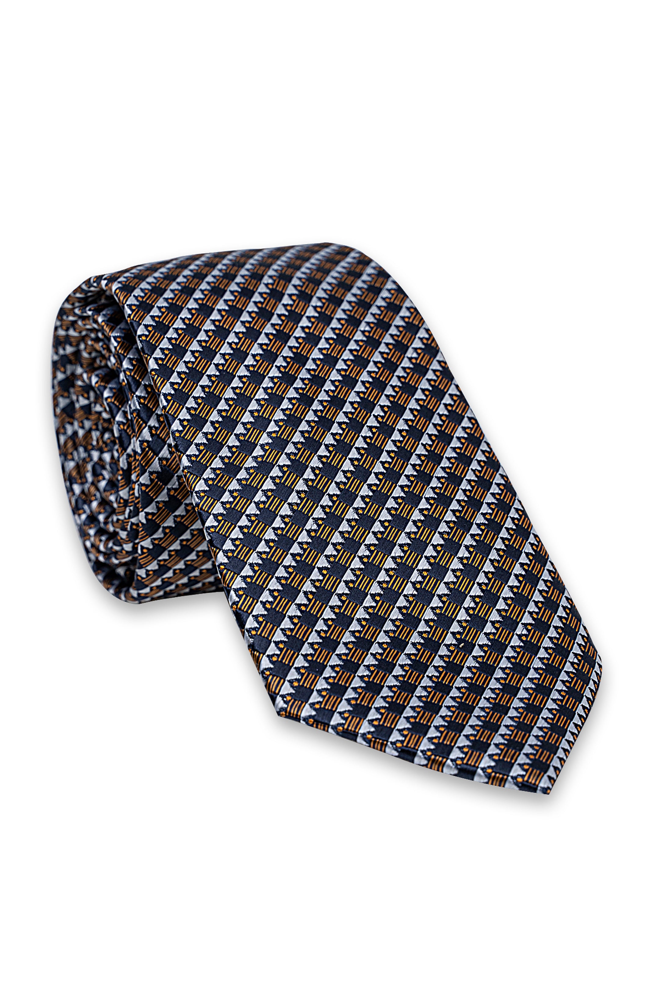 Poly silk tie in dark navy with small geometric pattern, yellow accents