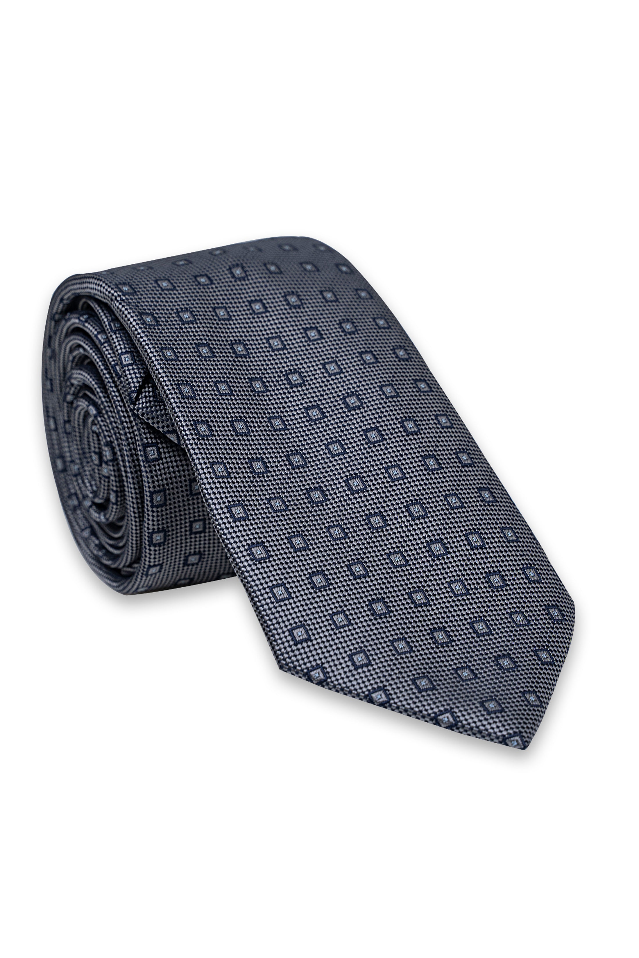 Poly silk tie set in roll, navy with small geometric dot pattern