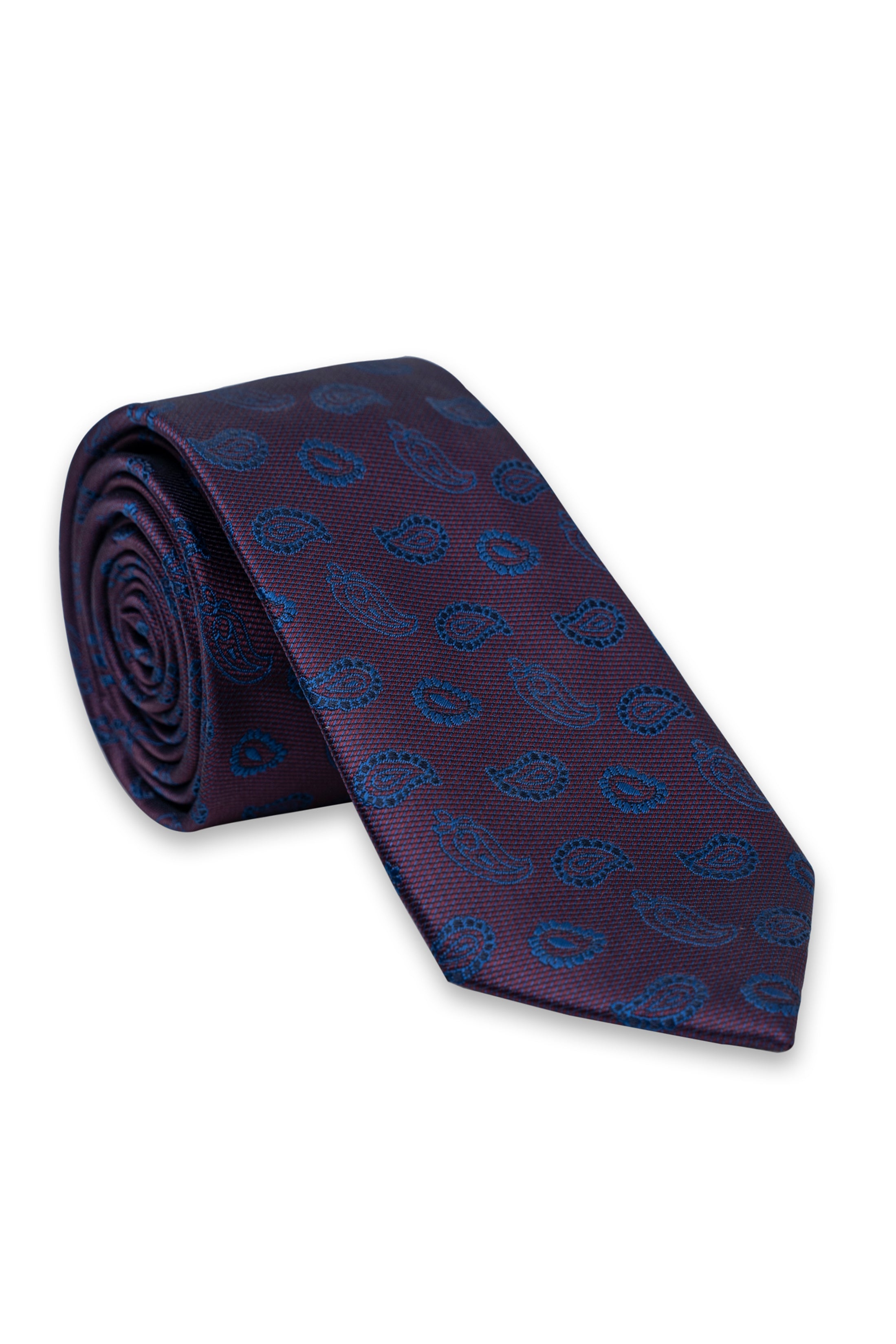 Dark blue polyester tie roll with small red pattern and textured weave