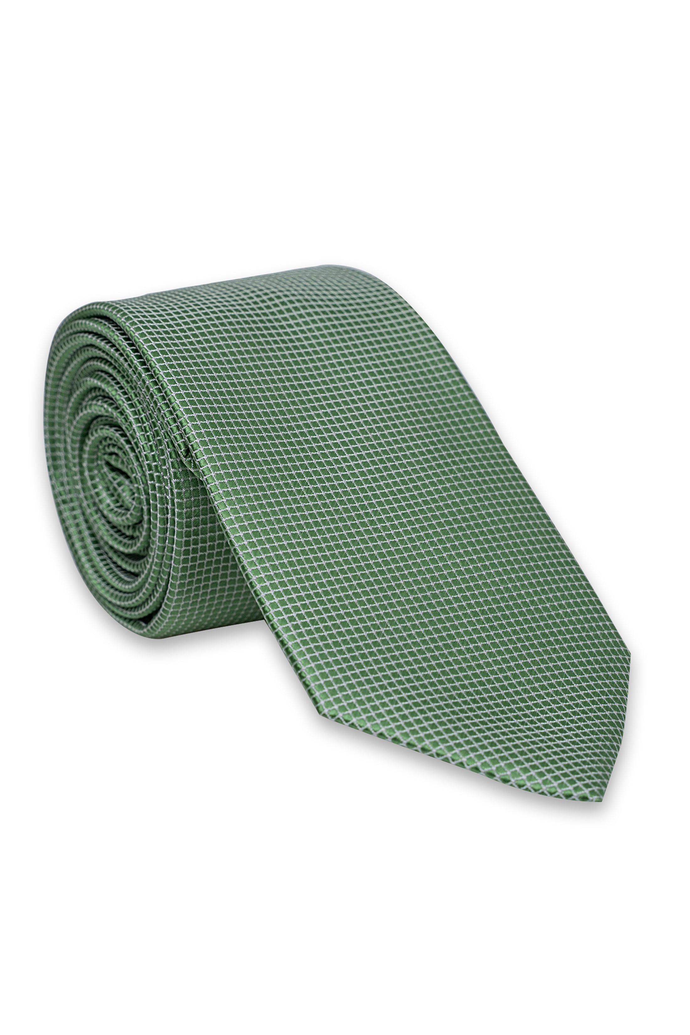 Rolled green woven necktie with fine grid texture
