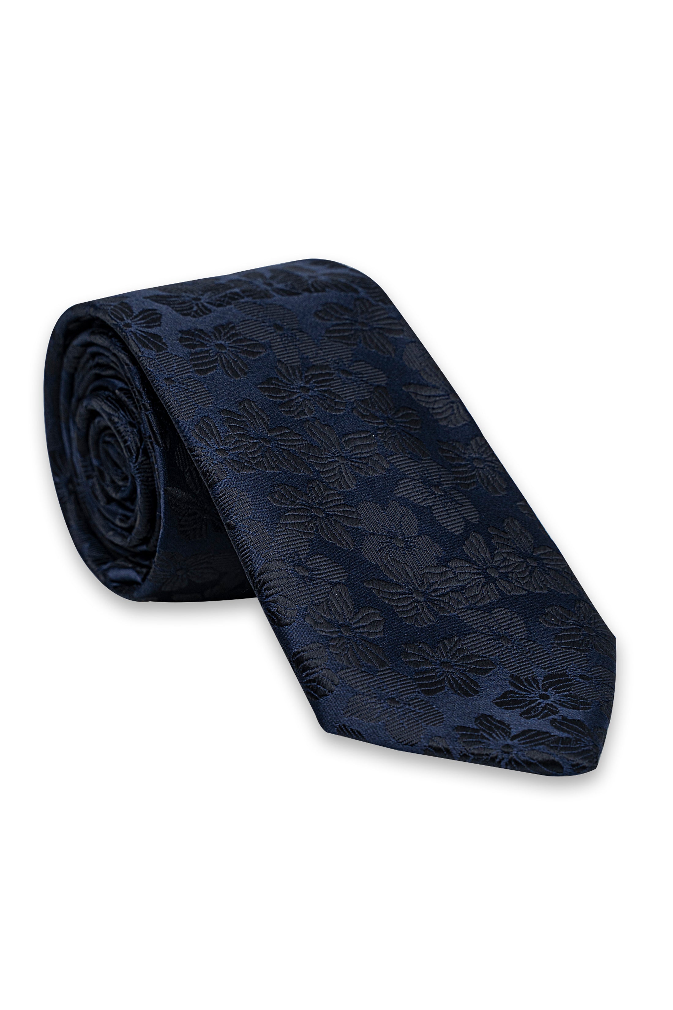 Silk tie in dark navy, rolled, with leaf-pattern weave texture