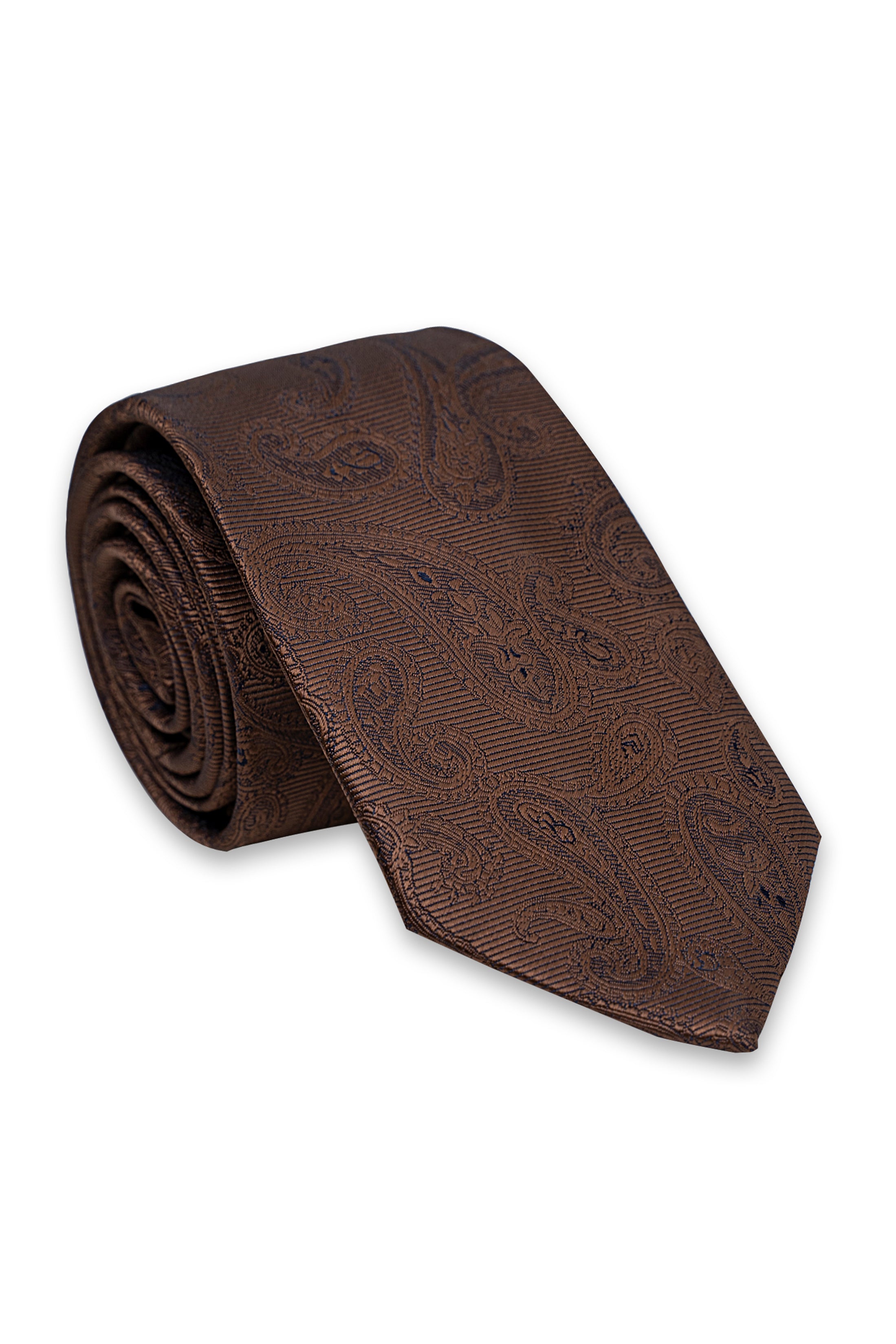 Brown polyester silk tie with subtle paisley pattern, rolled bundle