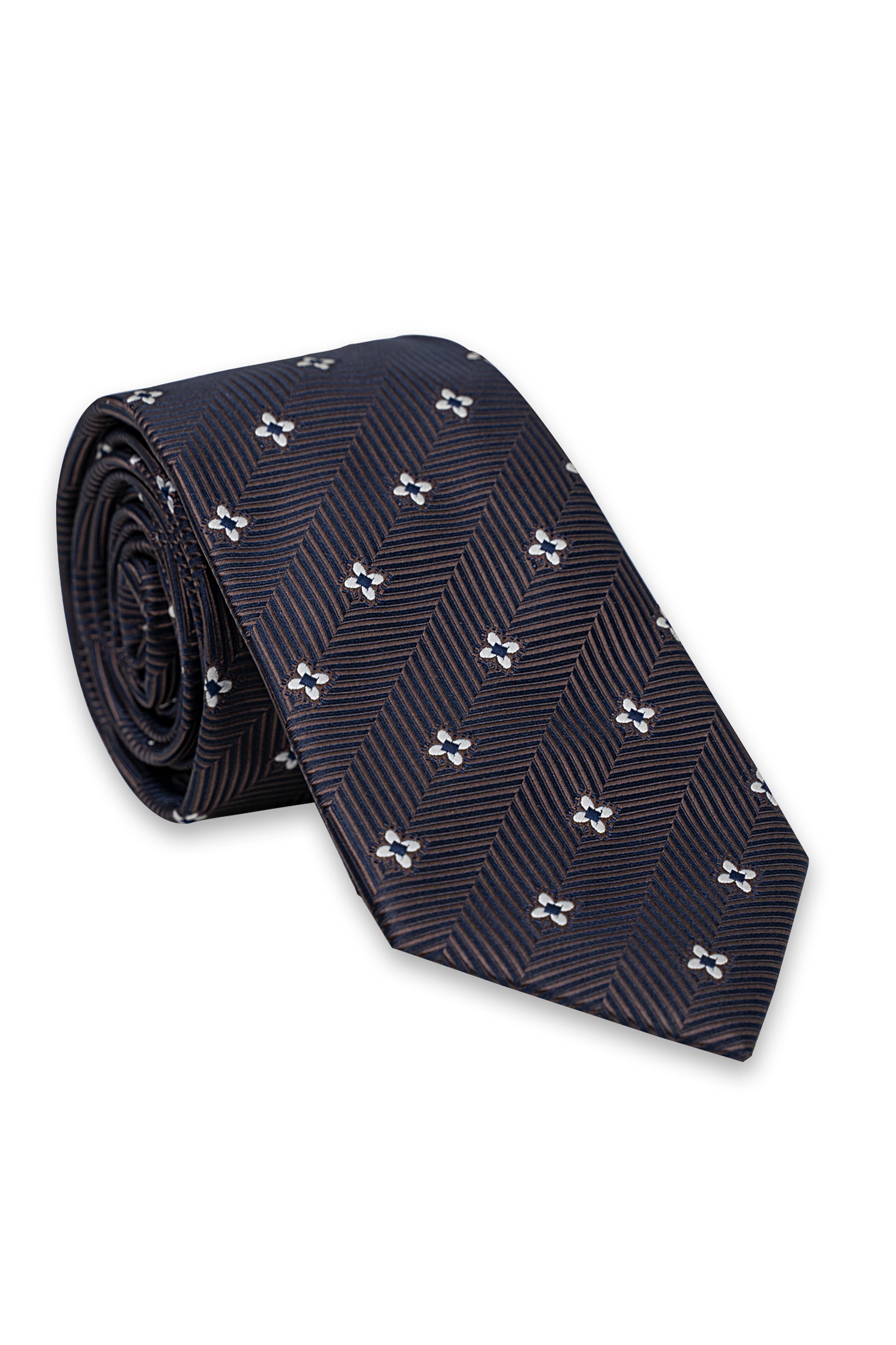 Rolled dark navy poly silk tie with white four-leaf clover pattern