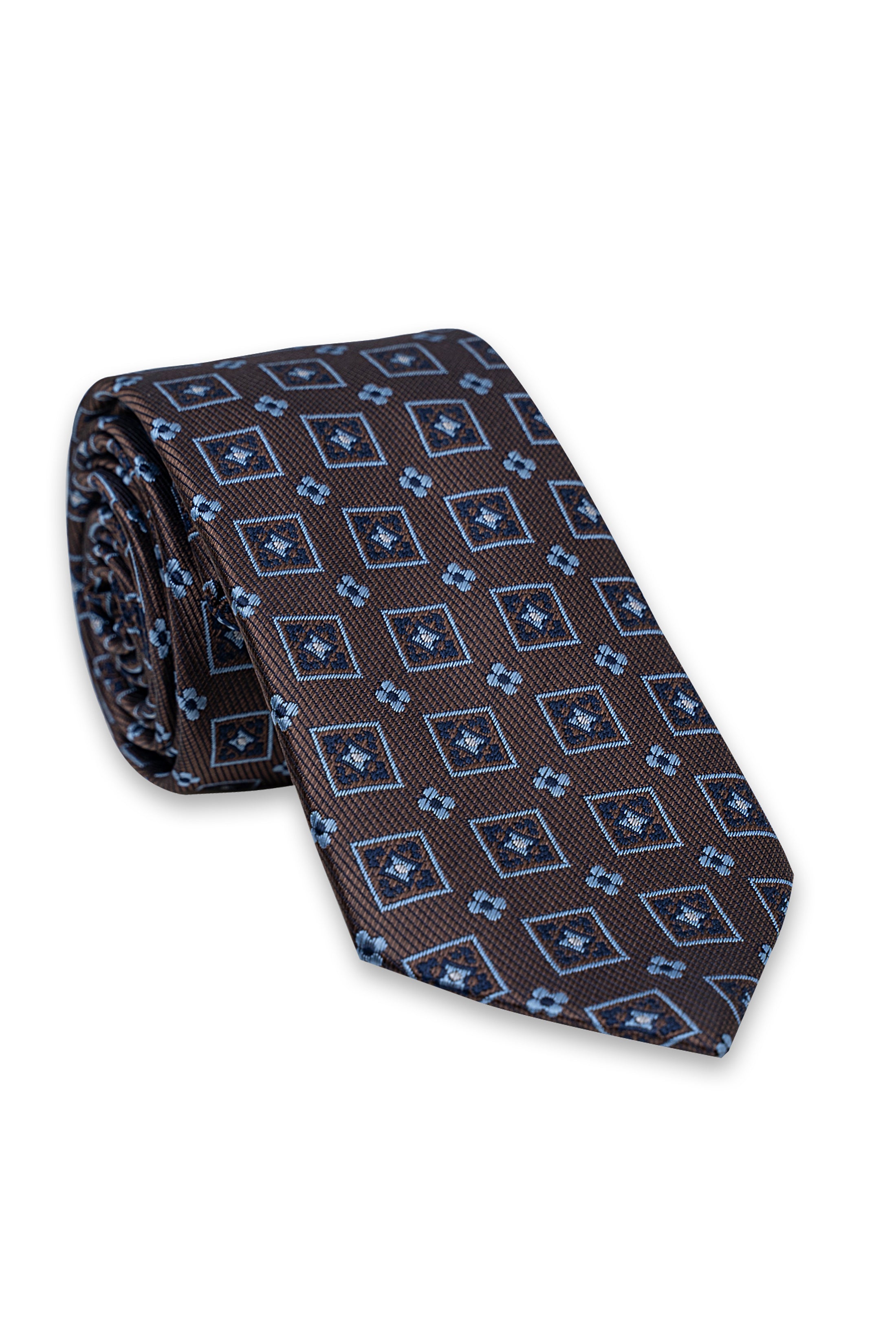 Poly silk necktie, navy with light blue and tan geometric squares pattern