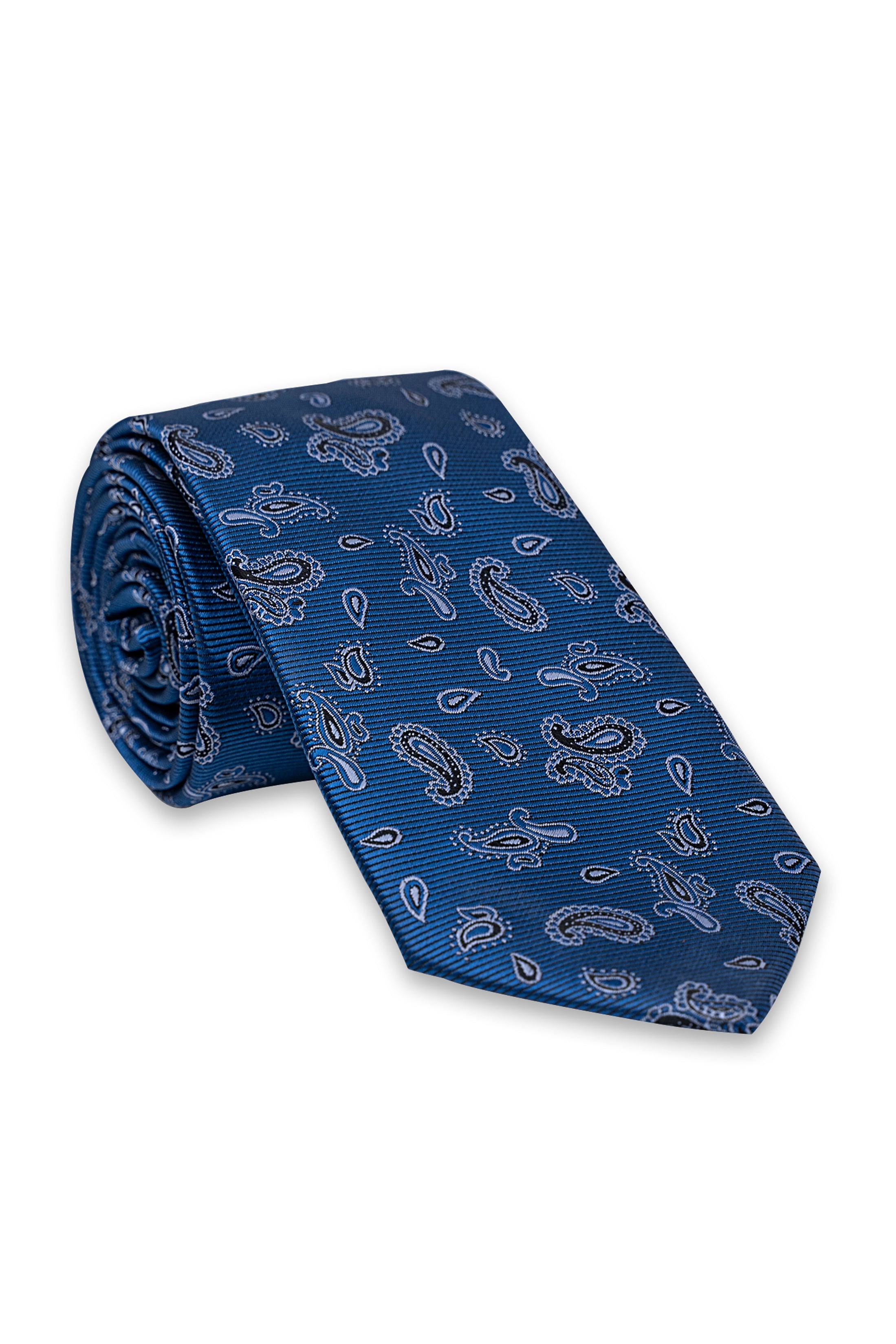 Blue poly silk tie, rolled fabric with paisley pattern
