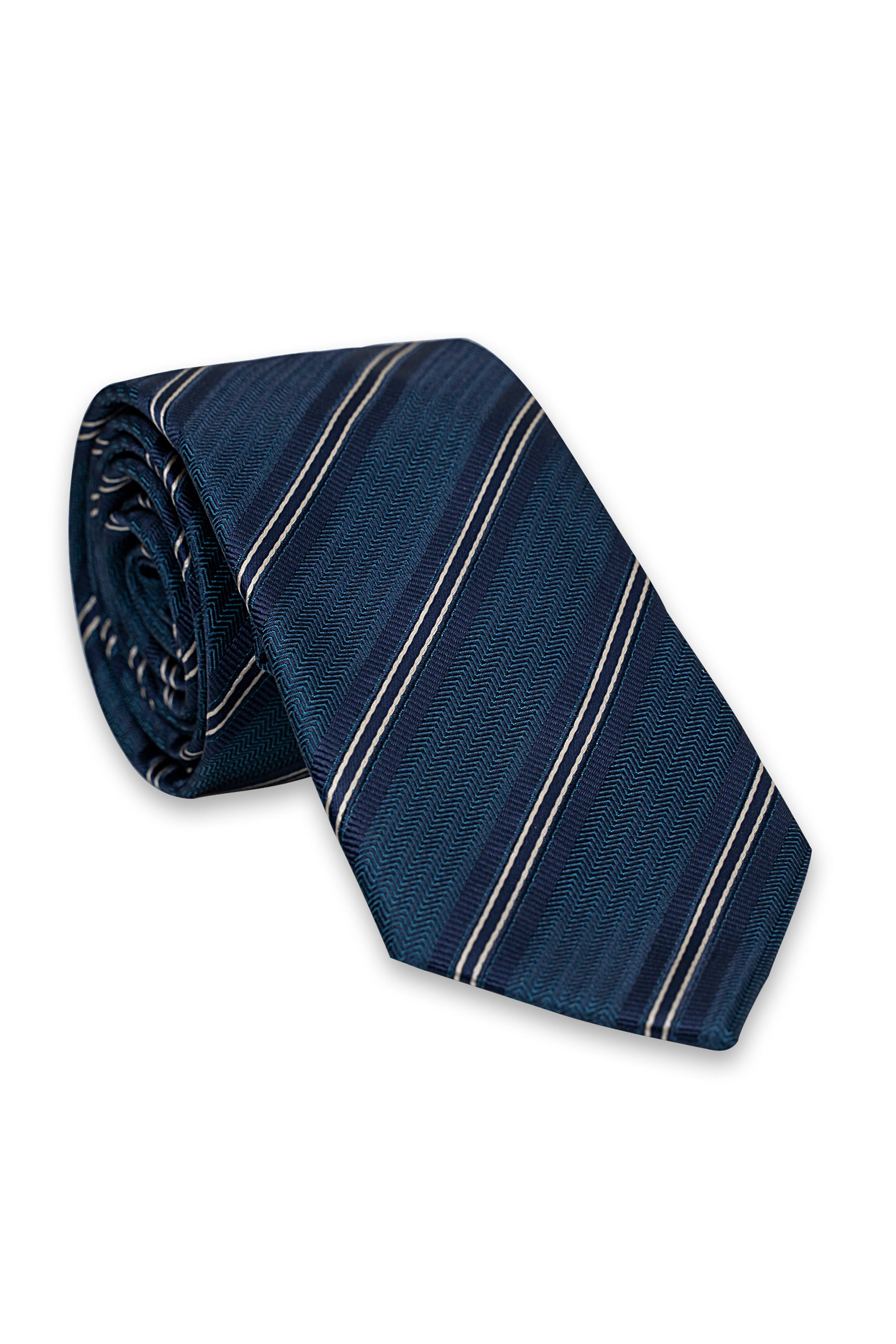 Poly silk tie with folded knot, dark blue and light stripe lines
