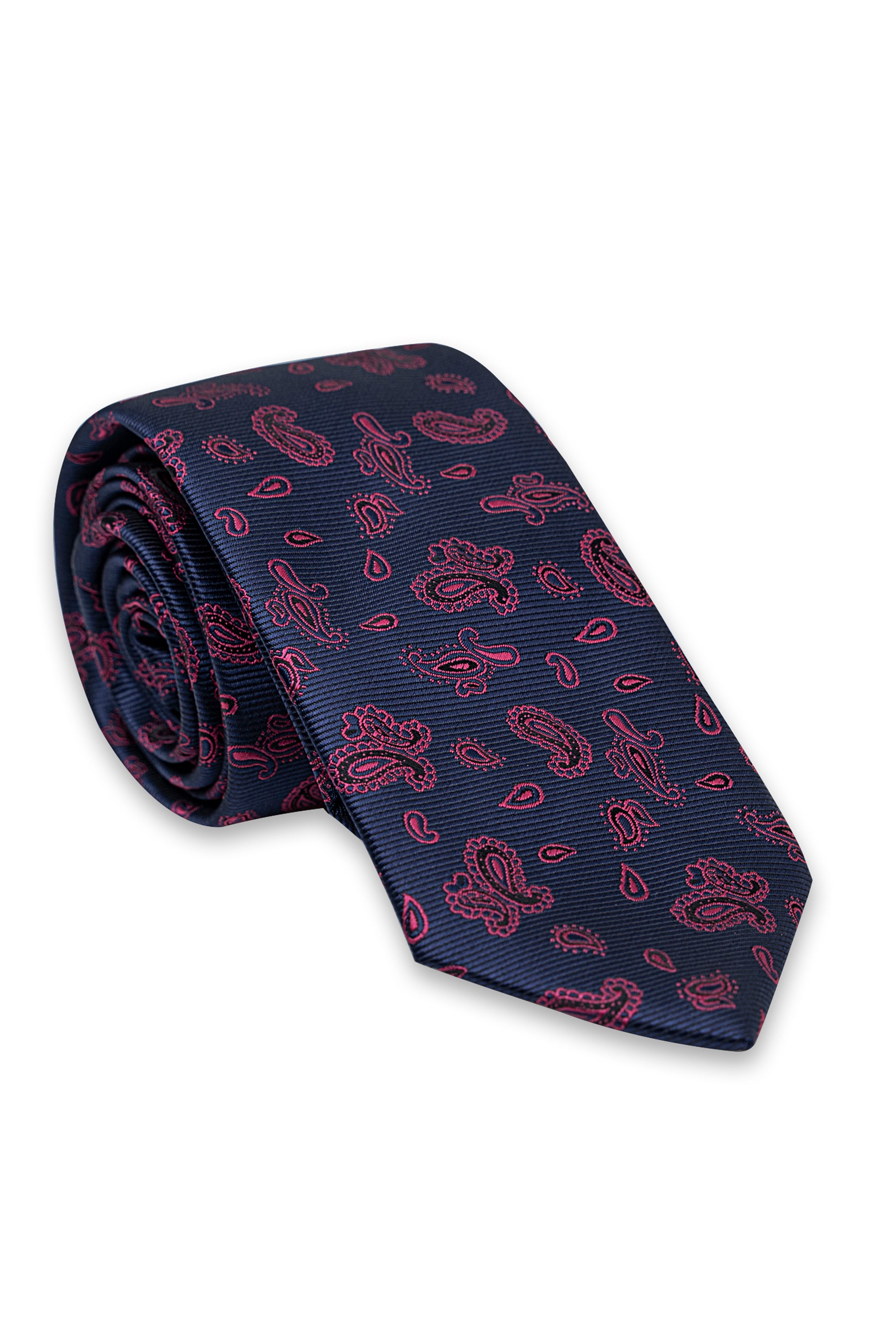 Poly silk tie roll closeup, dark navy with red paisley micro pattern