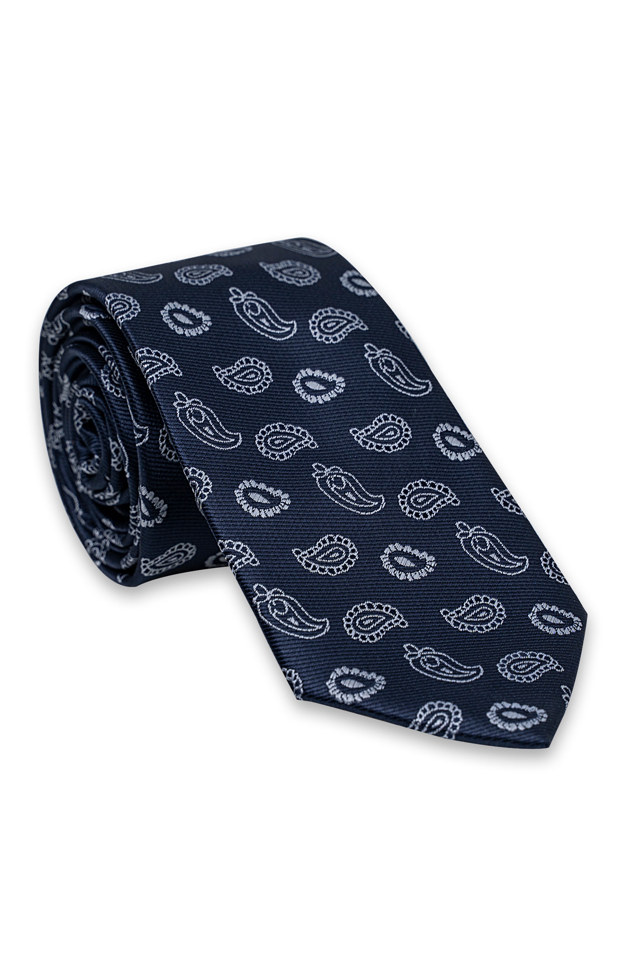 Folded navy poly silk necktie with paisley pattern and textured weave