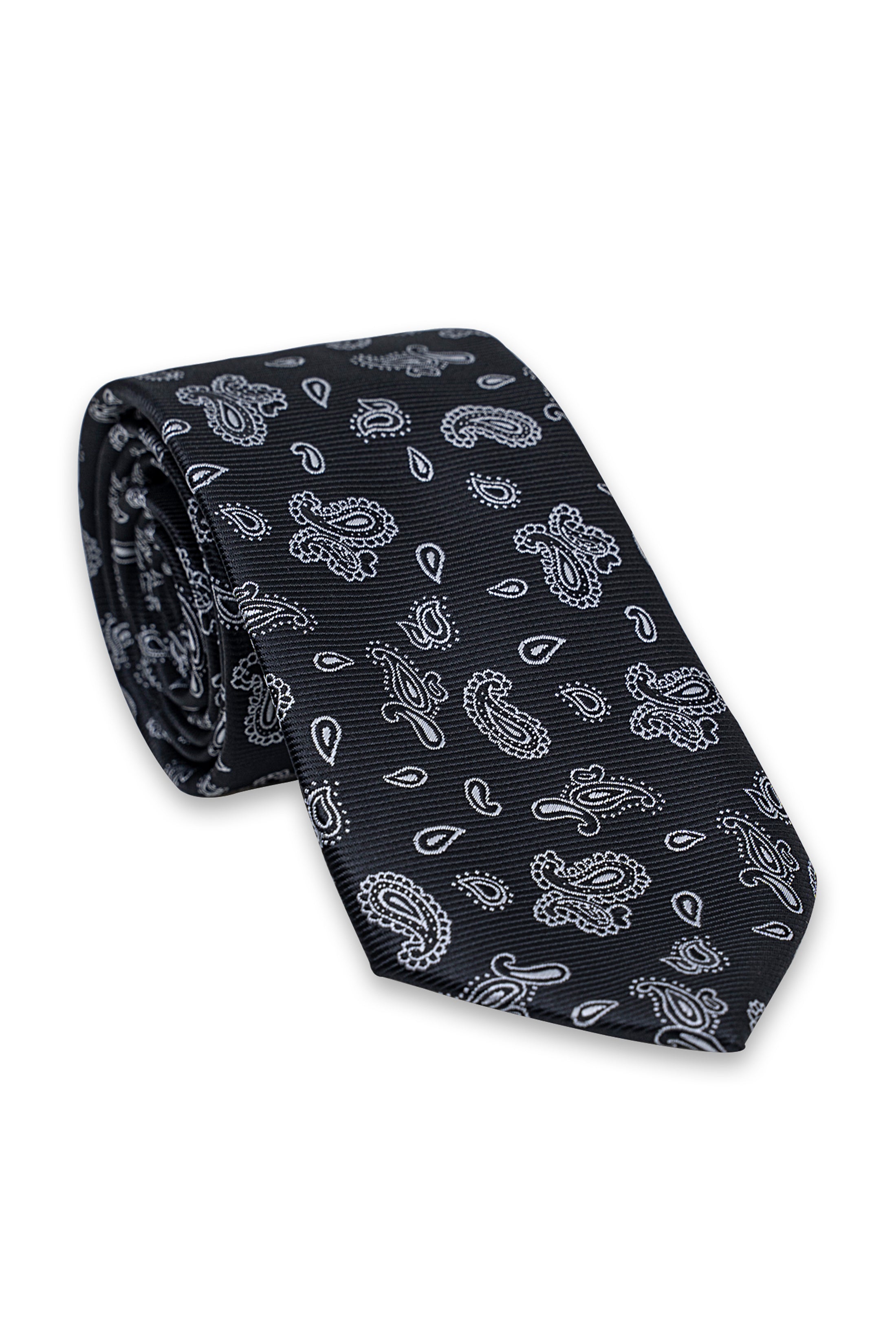 Dark navy poly silk tie with scattered paisley and teardrop motifs