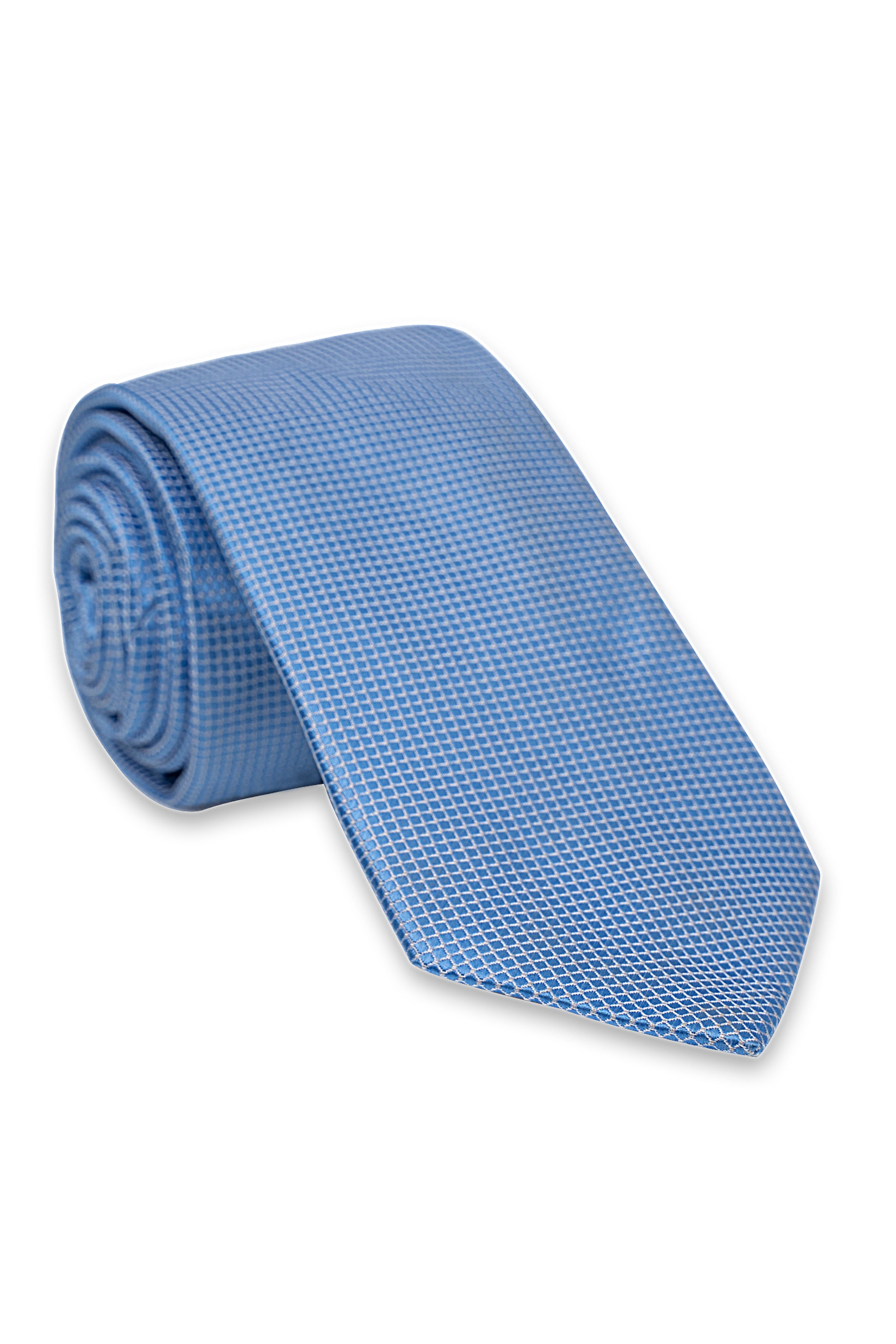 Poly silk tie, light blue woven texture rolled up with fine pattern