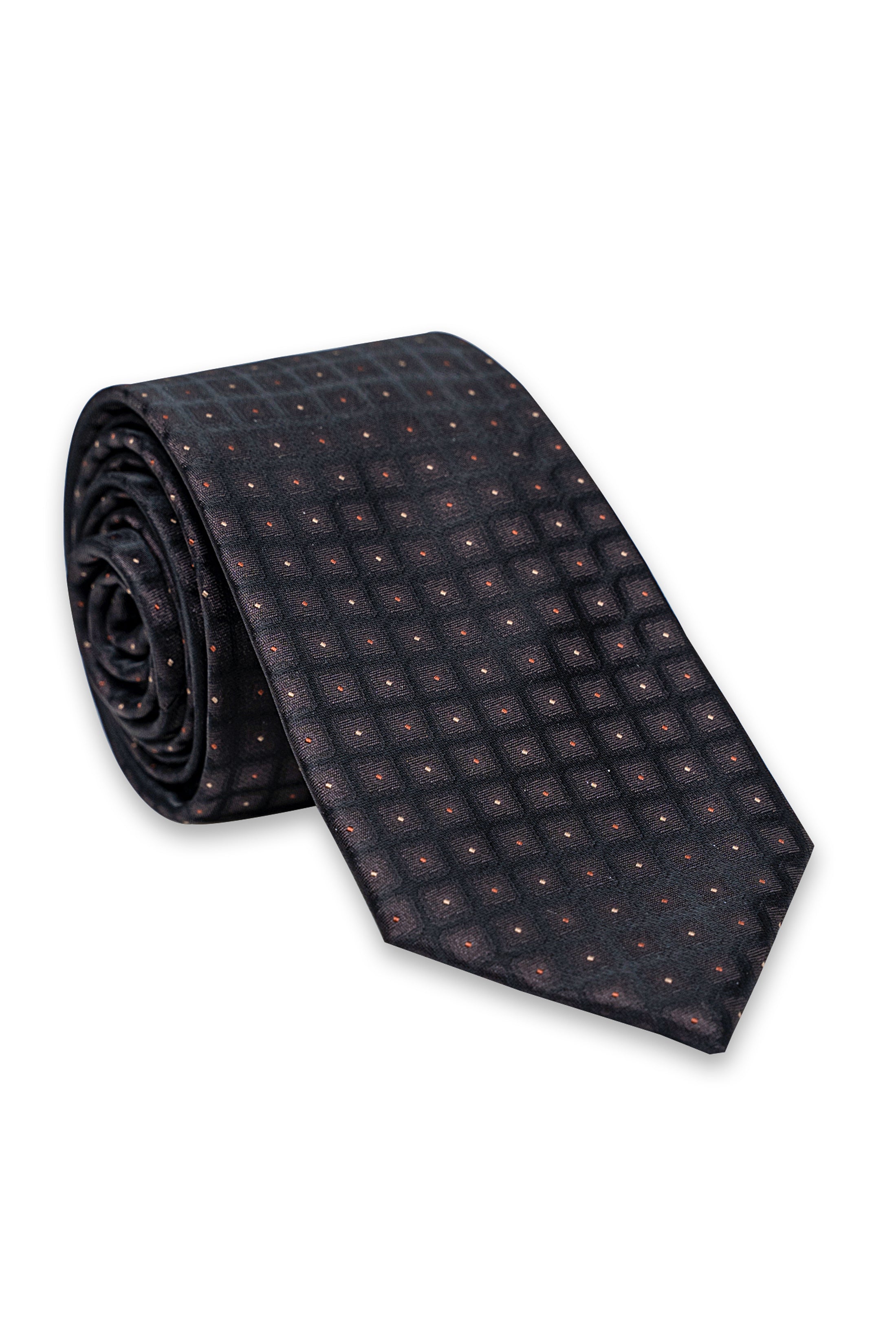 Charcoal poly silk tie rolled up with small geometric dot grid pattern