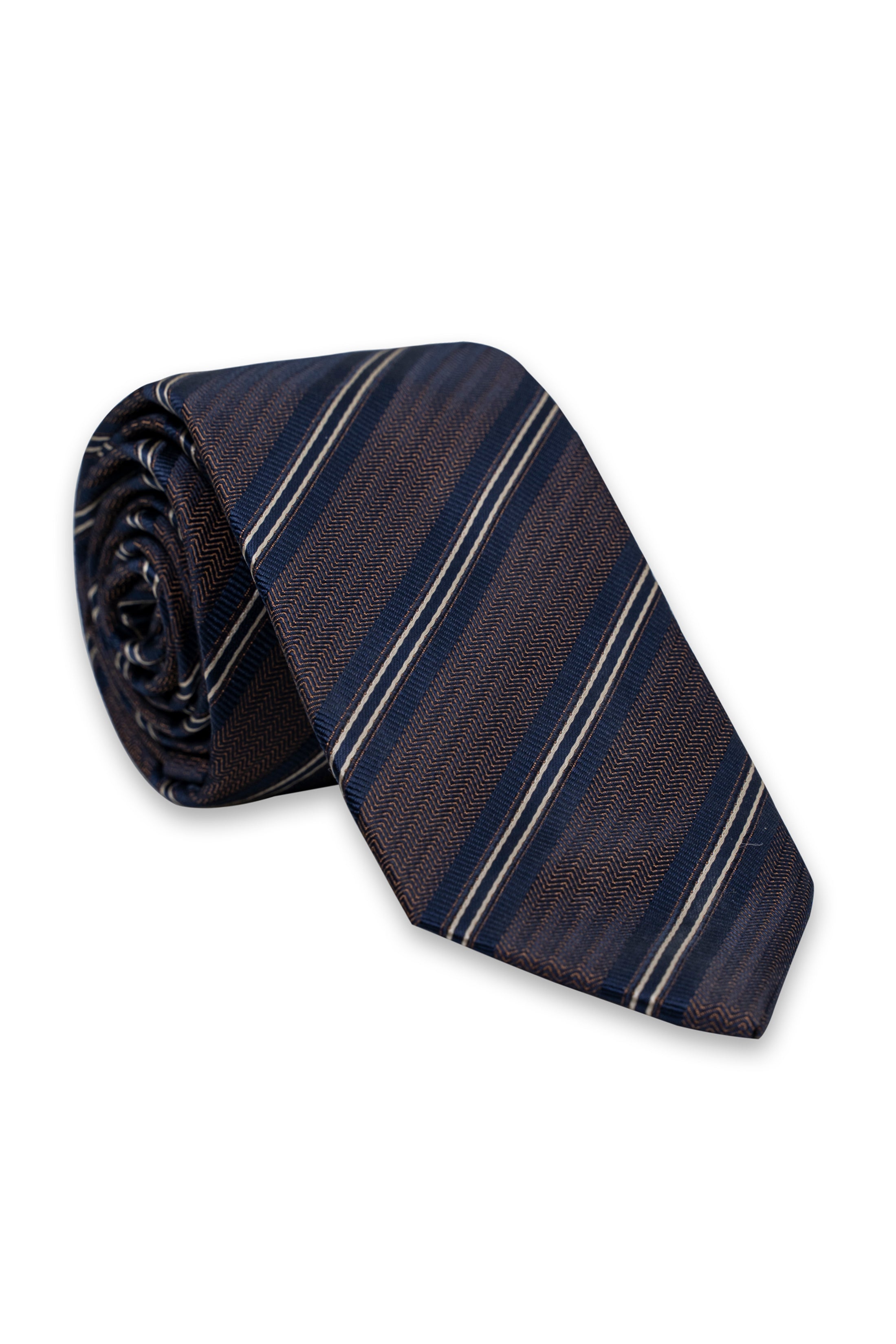 Poly silk tie in dark navy with diagonal stripe pattern, knotted and textured.
