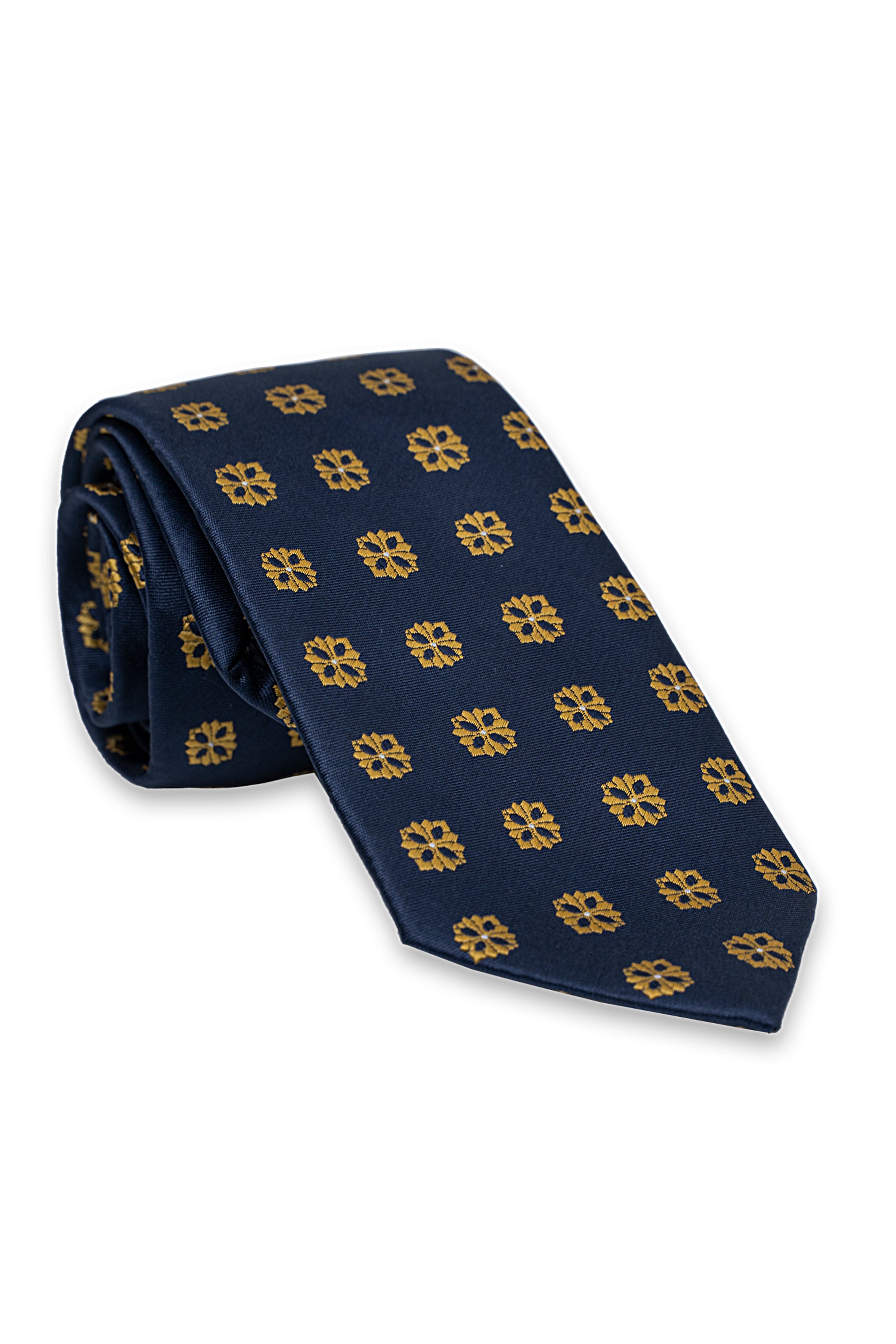 Rolled navy poly-silk tie with yellow floral medallion pattern
