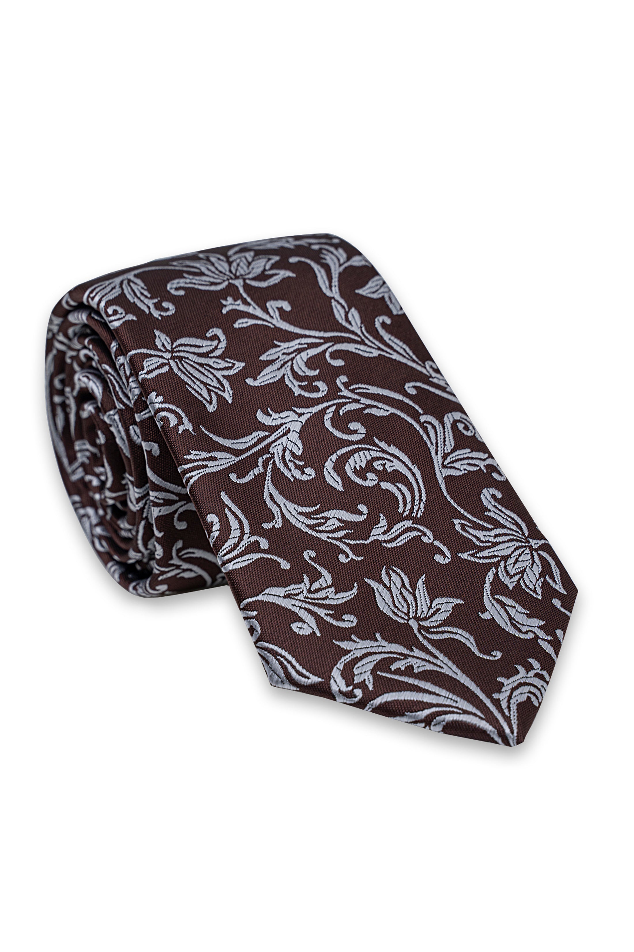 Poly silk tie, folded view, dark burgundy with ornate white floral paisley