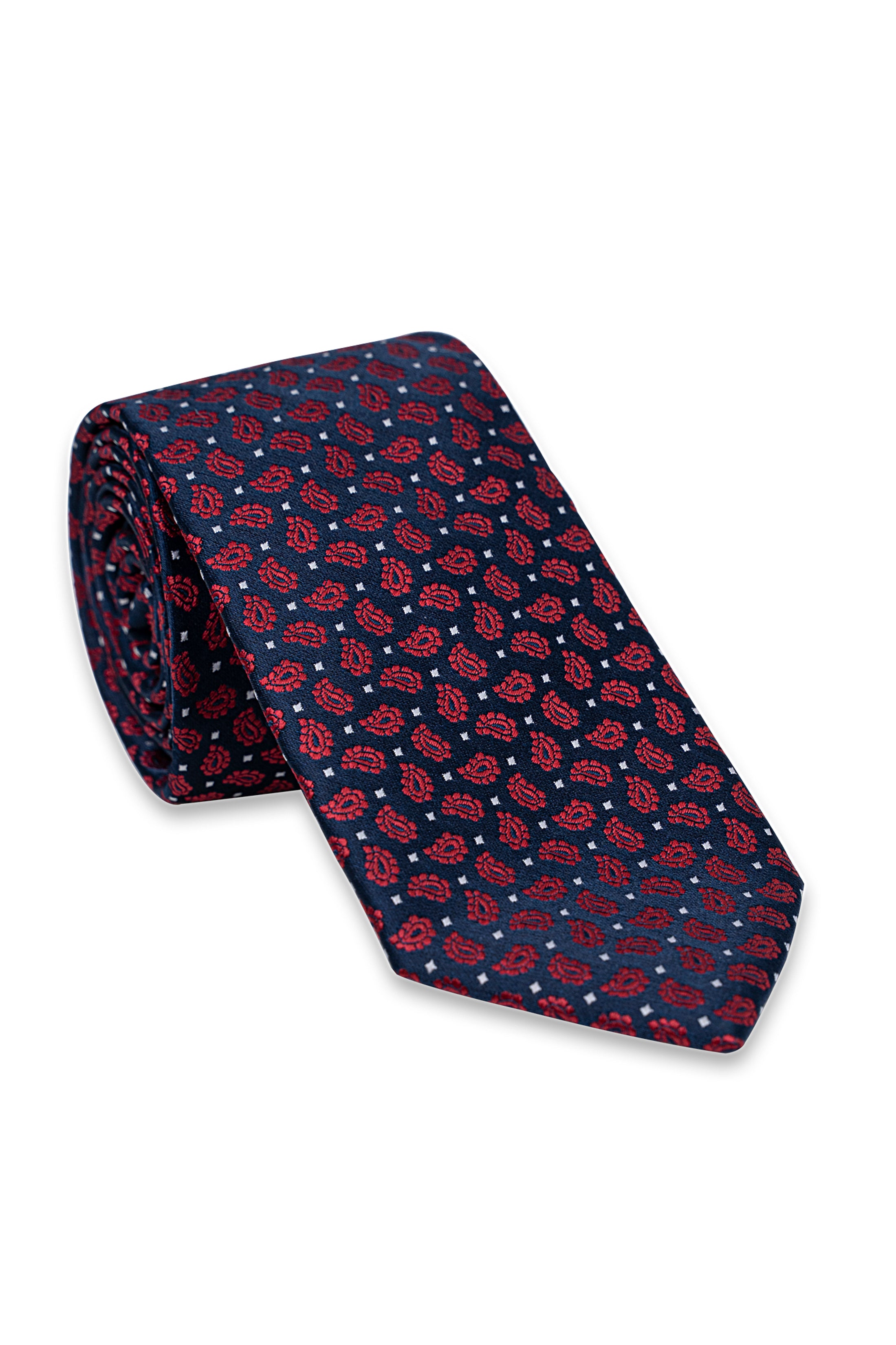 Poly silk tie in navy with small red and blue paisley dot pattern