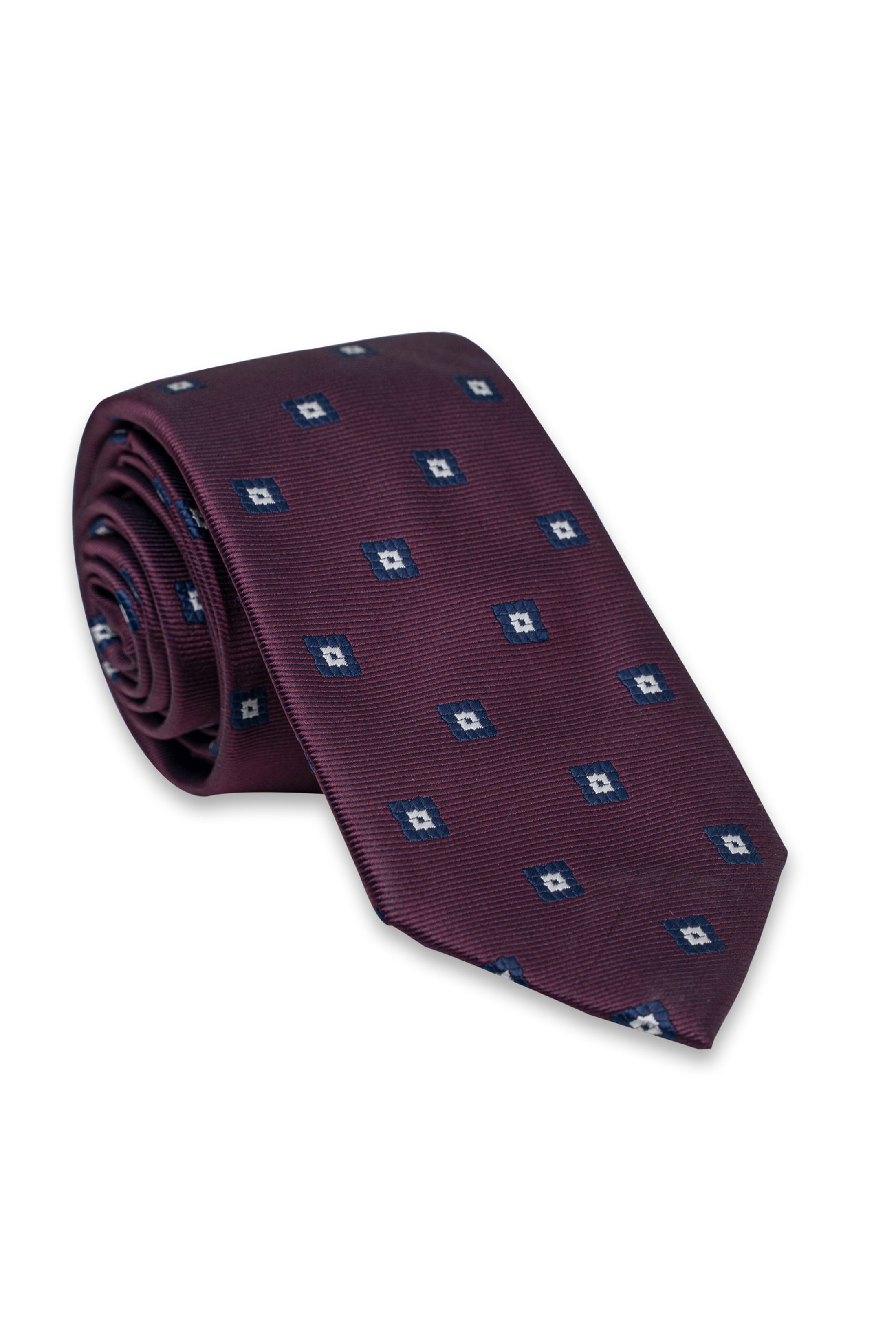 Poly silk tie, dark purple with small blue square pattern, rolled closeup