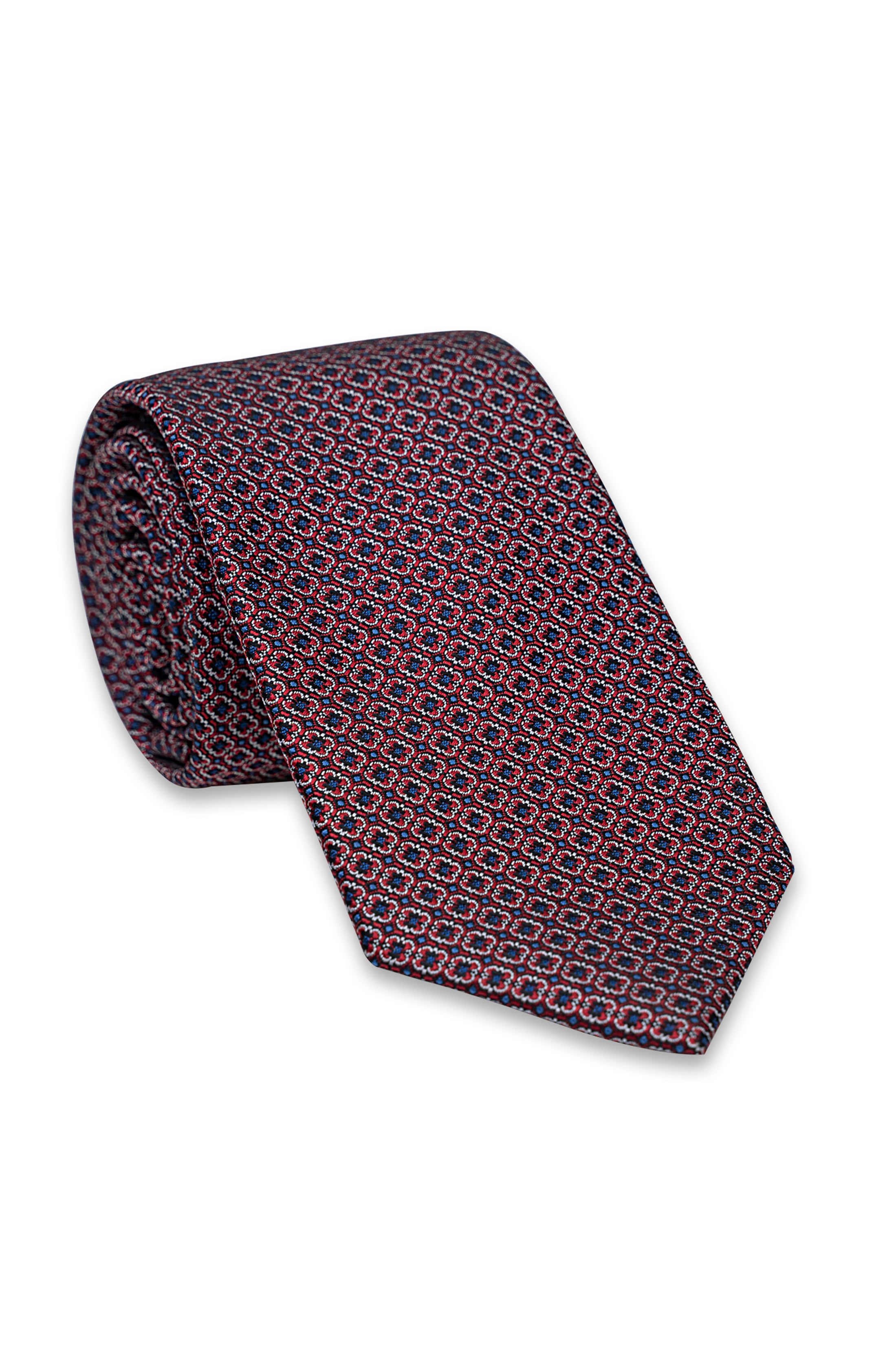 Poly silk tie in dark maroon with geometric pattern, draped folded view