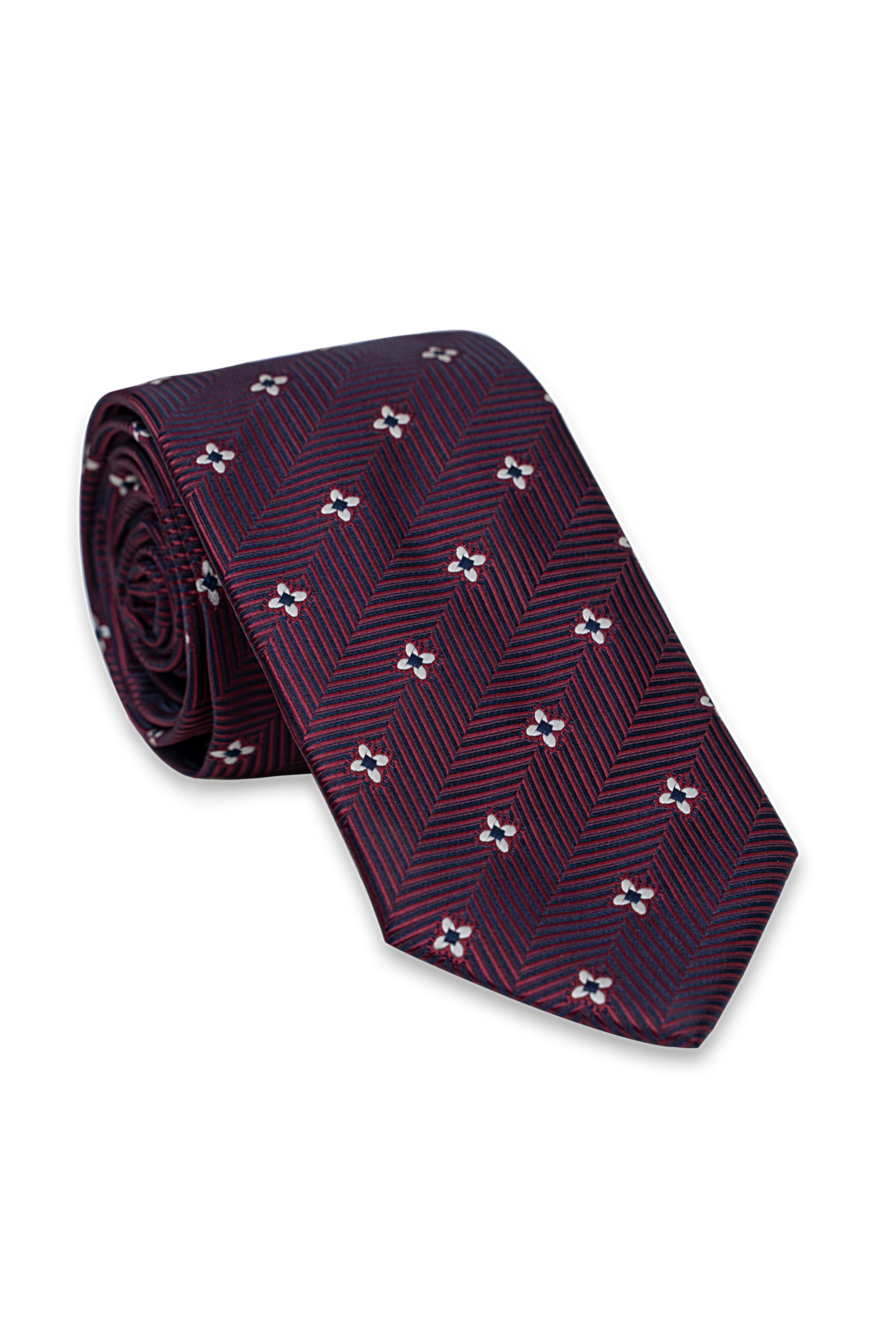 Burgundy necktie with diagonal stripe texture and small white floral motifs