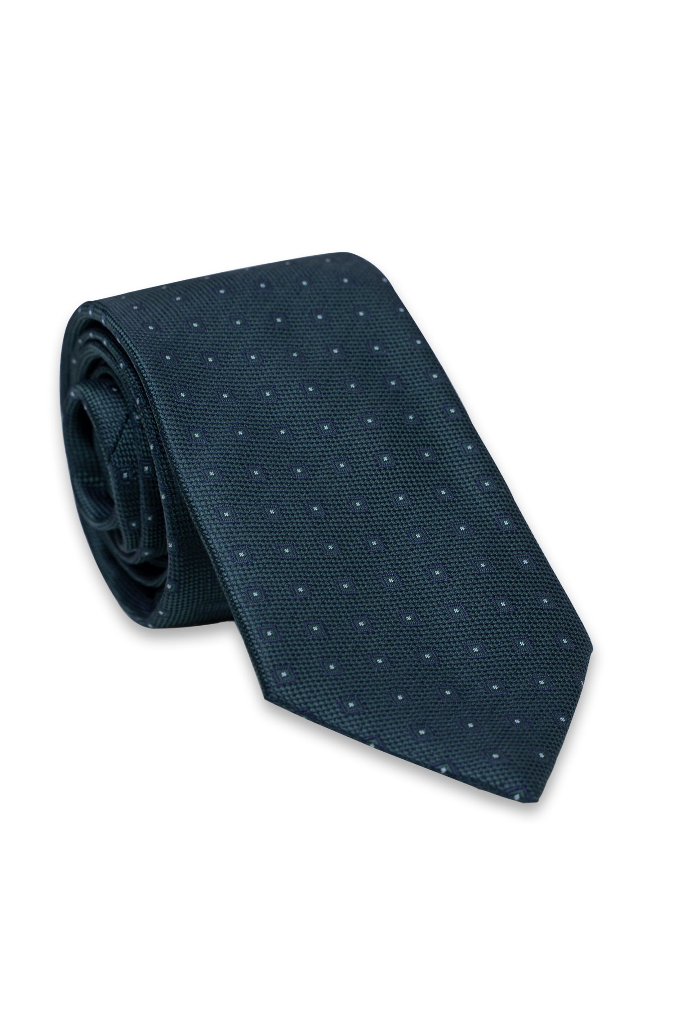 Dark teal dotted necktie, rolled fabric detail.