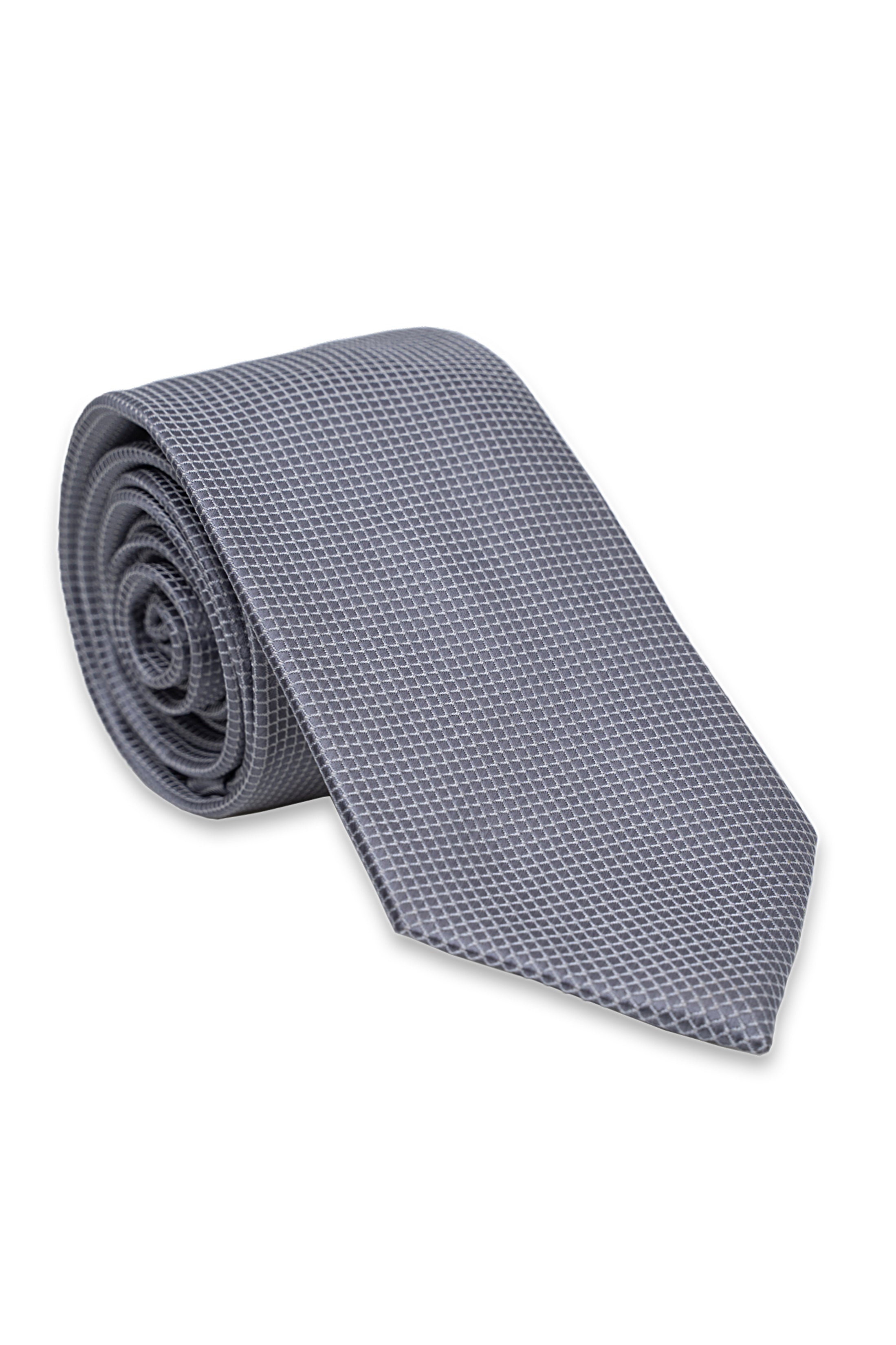 Poly silk tie, light blue with subtle microcheck pattern, rolled design
