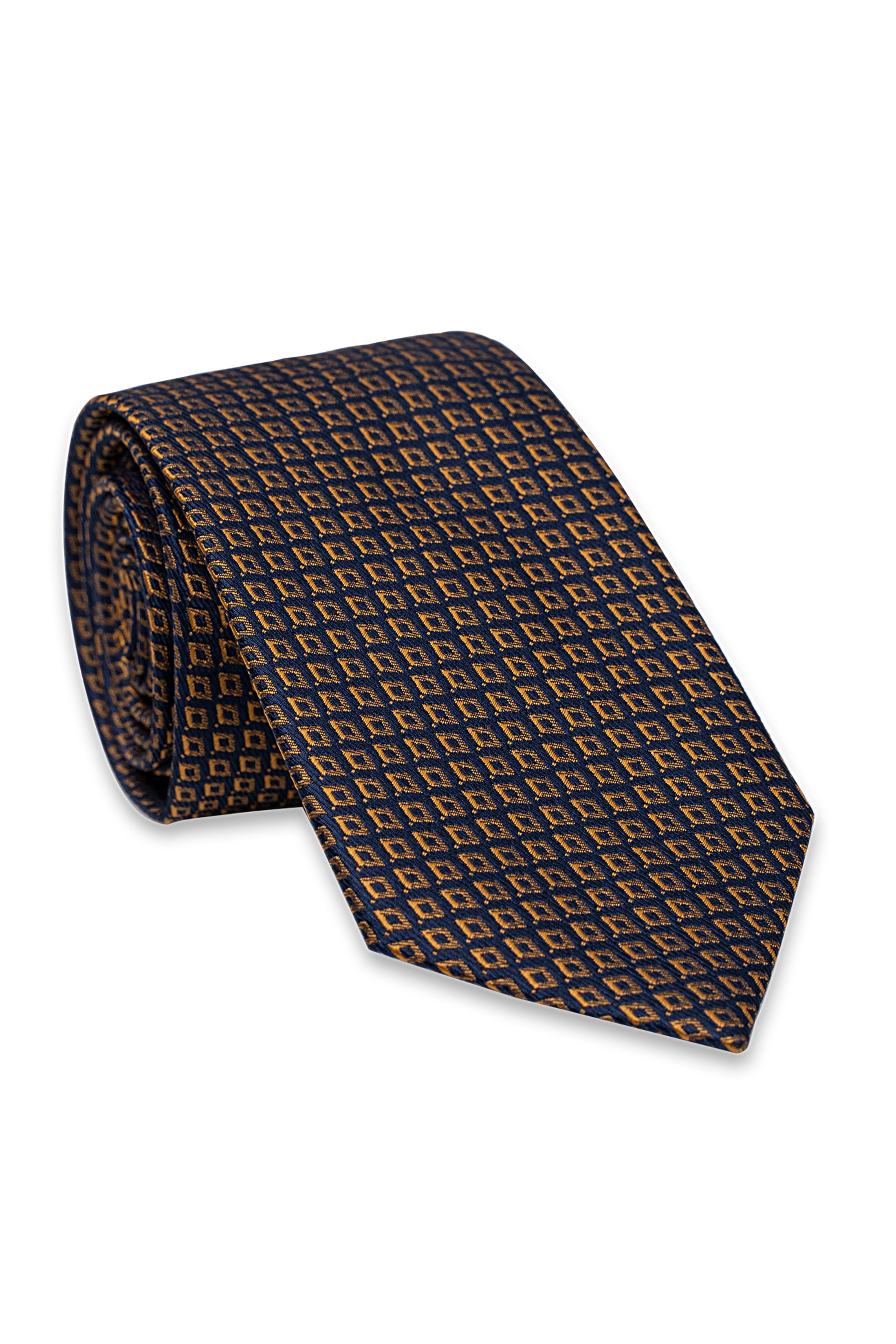 Poly silk tie, dark blue with small geometric pattern, folded for display